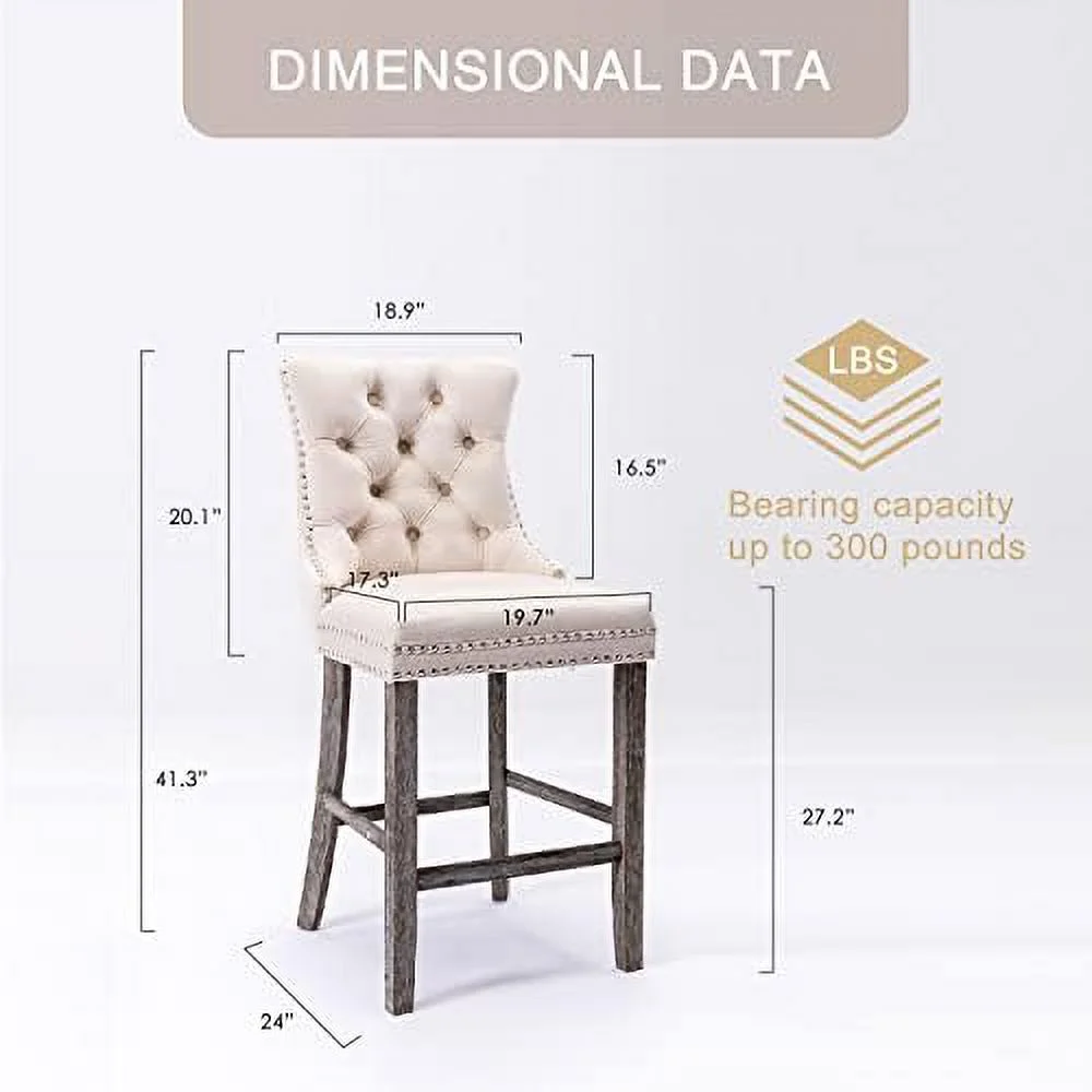 MQLIFEBOOM Velvet  Stools Set of 4  27" Counter Height  Stools with Button and Nailhead Trim  Upholstered  Stool with Back and Wooden Legs  for Kitchen  Cafe  Pub (Black)