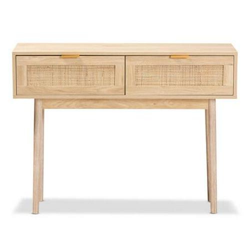 Baird Mid-Century Modern Light Oak Brown Finished Wood and Rattan 2-Drawer Console Table