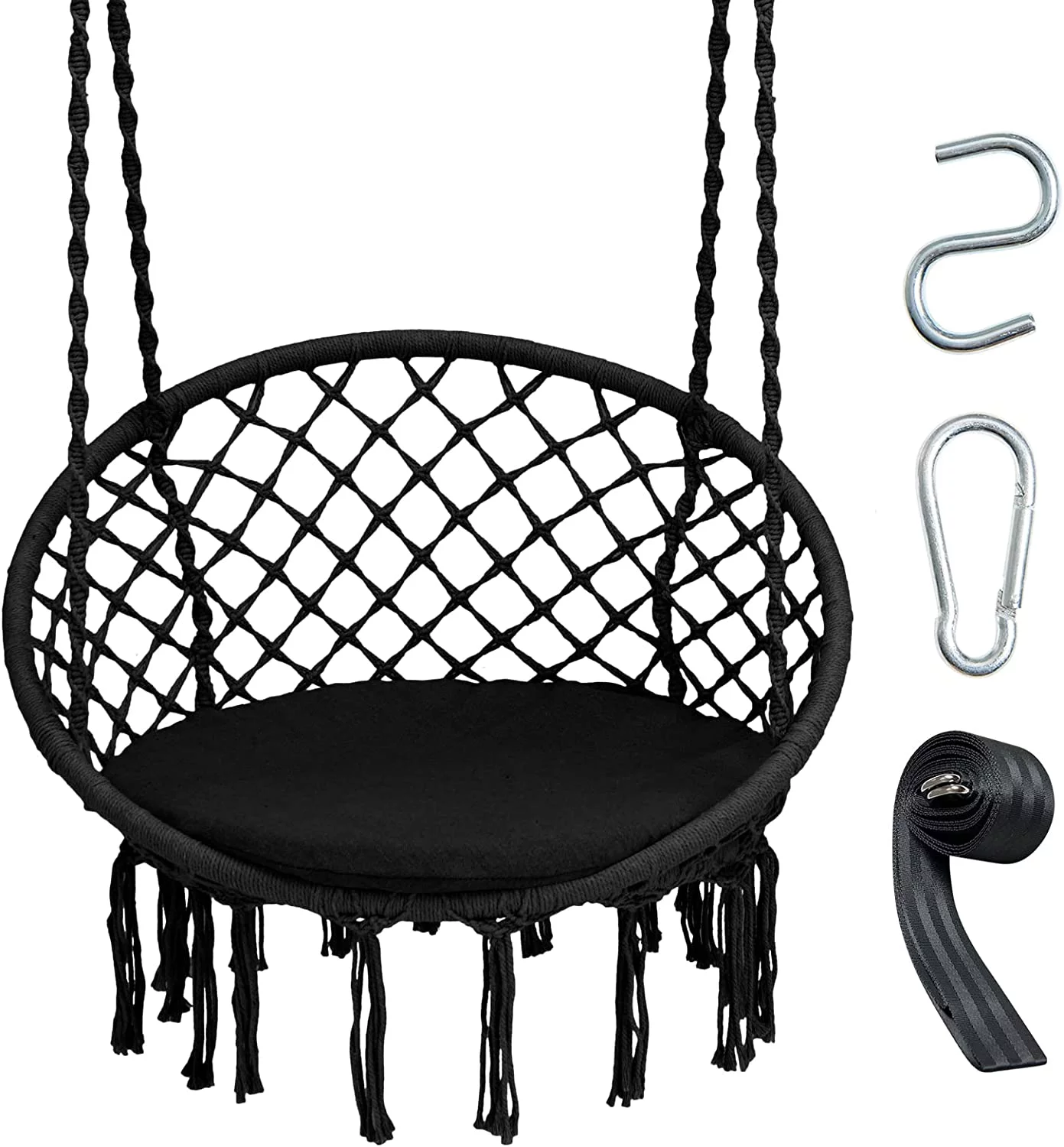 Hammock Chair Macrame Swing - Hanging Chair with Cushion and Hardware Kit, 330 LBS Weight Capacity, Indoor Swing for Hammock Stand, Patio, Balcony, Living Room Hammock Swing (Black)