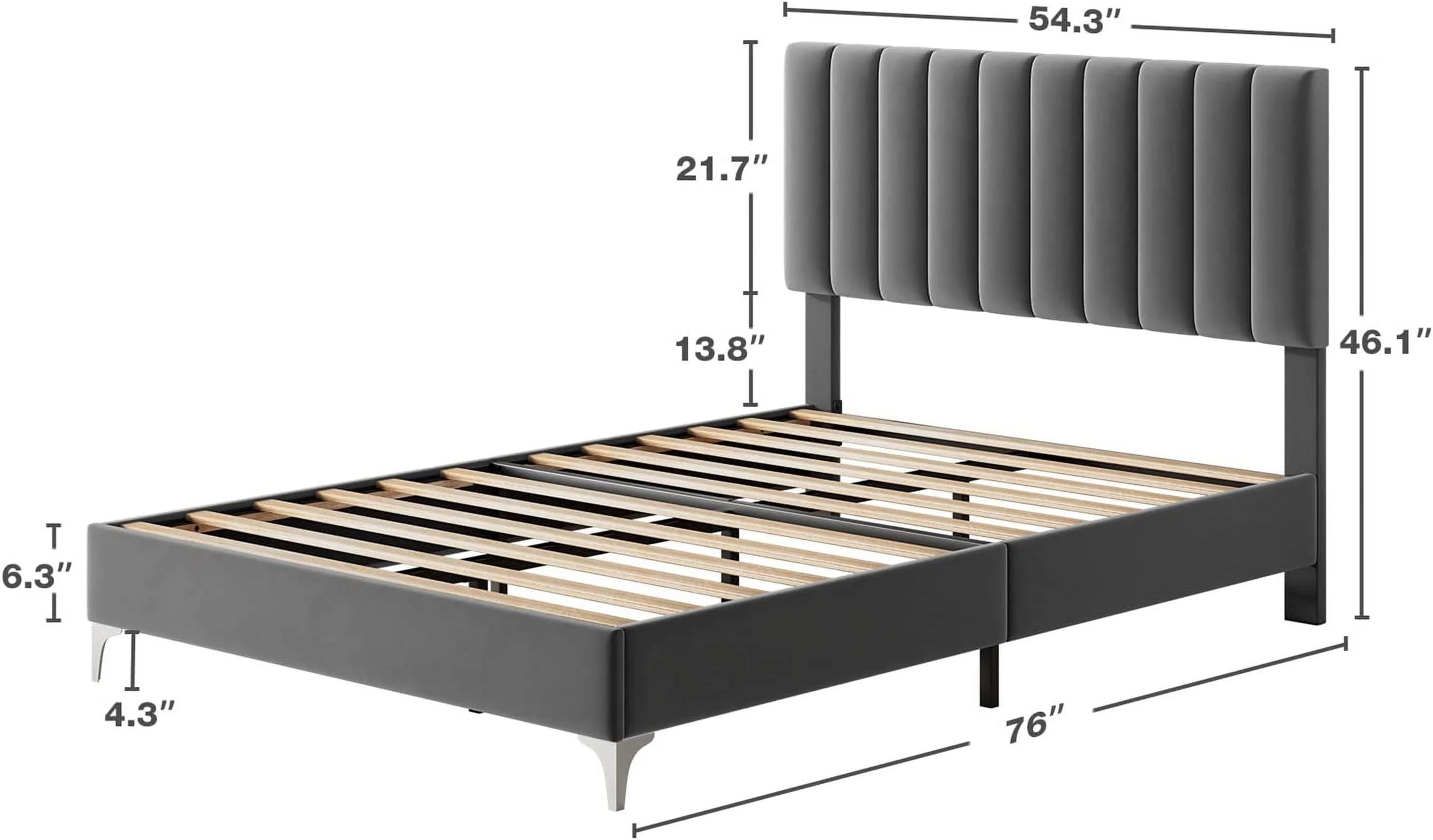 YILAN Full Bed Frame, Velvet Upholstered Platform Bed with Adjustable Headboard, Mattress Foundation with Strong Wooden Slats, Non-Slip and Noise-Free,No Box Spring Needed,Easy Assembly,Dark Grey