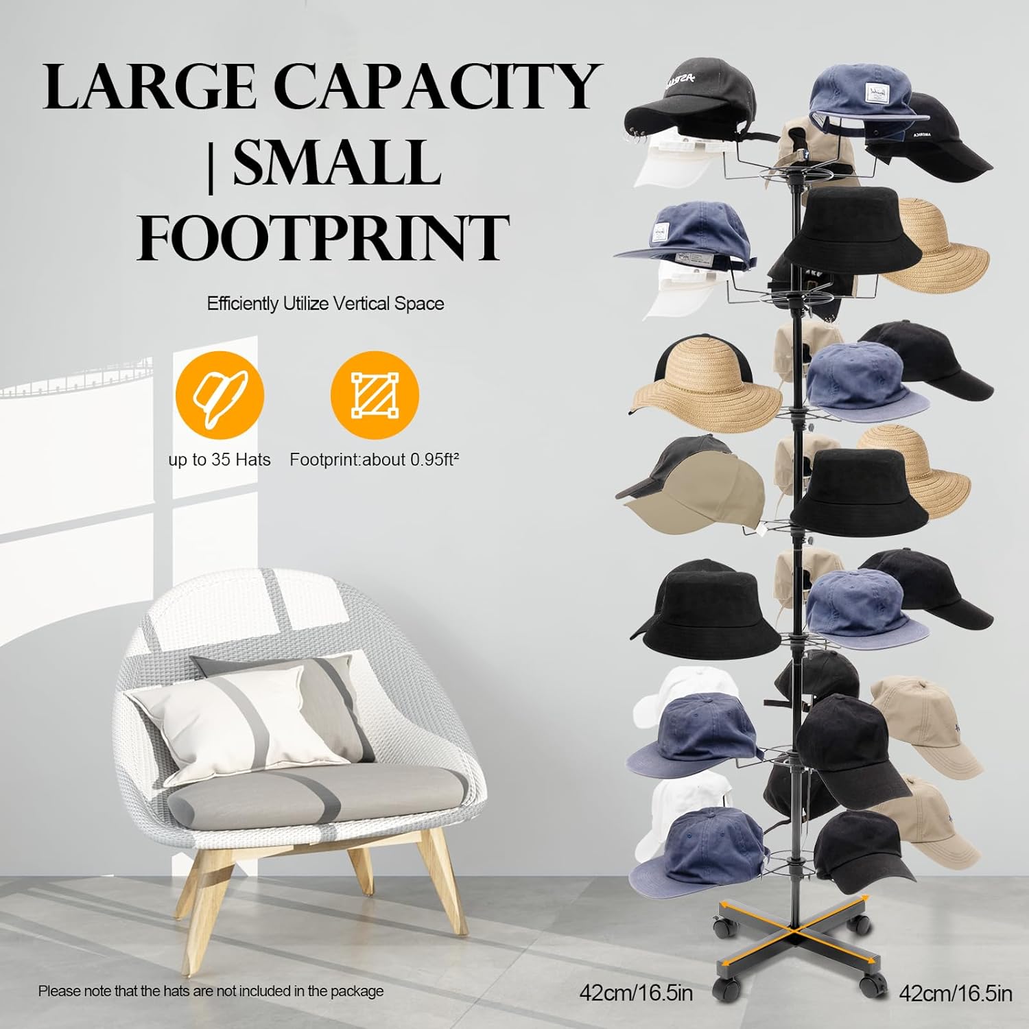 7-Tier Rotating Hat Display Rack, 35 Hooks Metal Freestanding Retail Display Stand Commercial Large Headwear Wig Rack Metal Floor Rack for Hats and Wigs