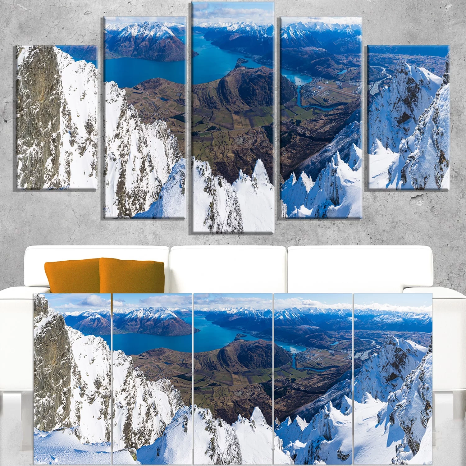 DESIGN ART Frankton and Lake Aerial View Panorama - Landscape Art Canvas Print - Blue 60 in. wide x 28 in. high - 5 Equal Panels