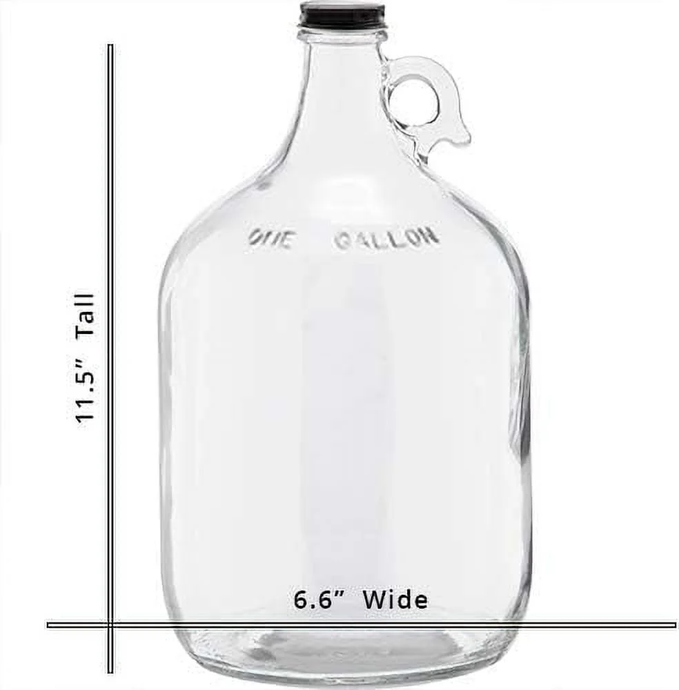 1 Gallon (128 oz) Clear Glass Jug With 38mm Black Polyseal Lid & Cap | Pack of 6