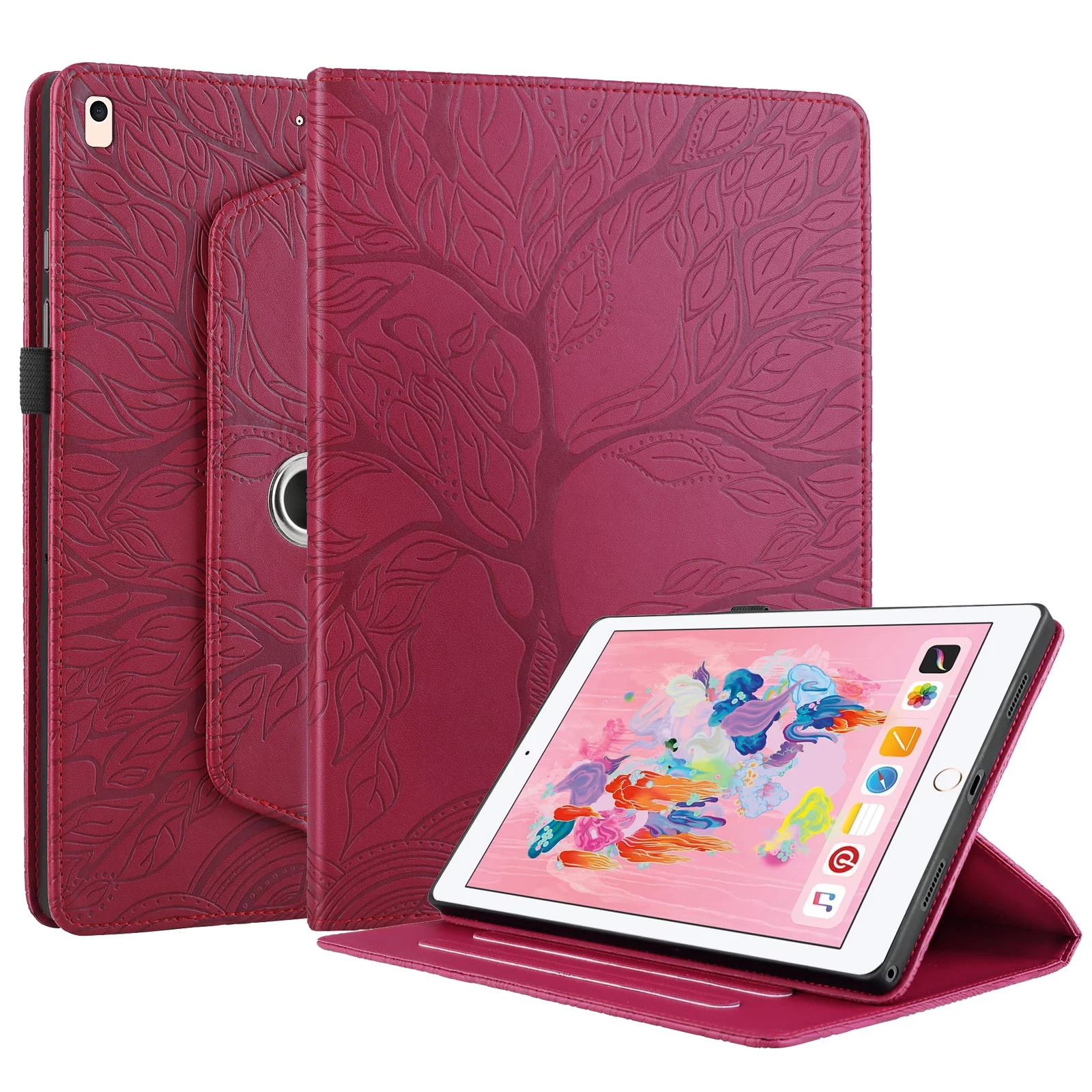 Decase Slim Case for iPad 9.7-Inch (6th/5th Generation, 2018/2017) Case 360 Rotating Cover Premium PU Leather Stand Auto Wake/Sleep Function with Tree Embossed forfor iPad Air 2/1,Rose