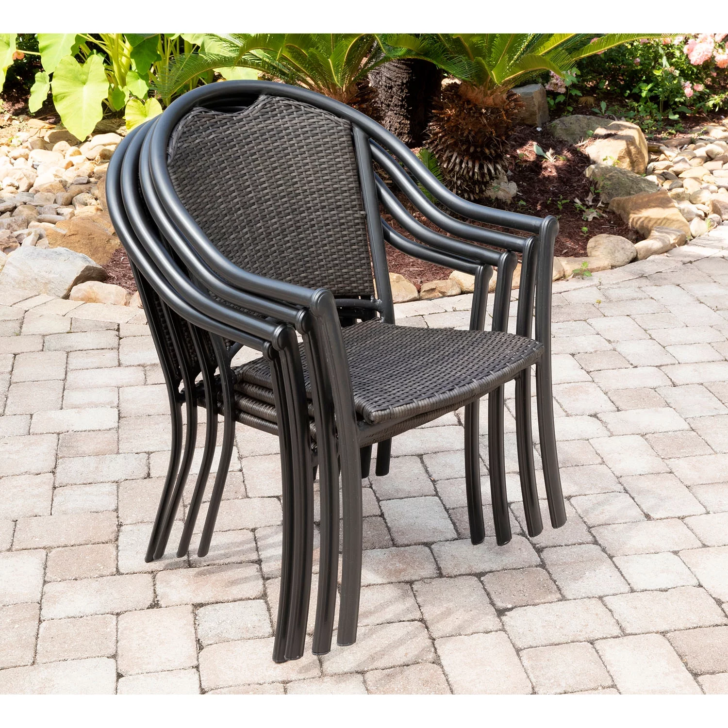 Hanover Bambray 5-Piece Commercial-Grade Patio Set with 4 Woven Dining Chairs and a 38-In. Glass-Top Dining Table