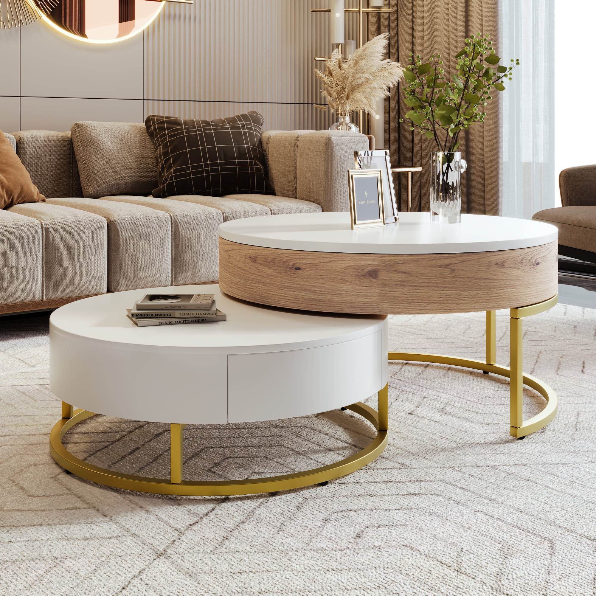 DeeHome Modern Round Lift-top Nesting Coffee Tables with 2 Drawers White & Natural