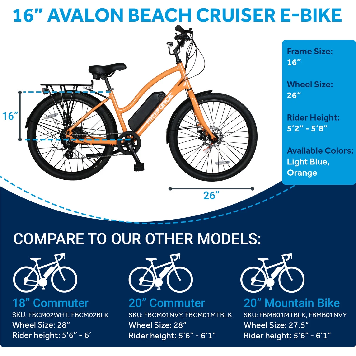 FreeForce Avalon 16-in Electric Beach Cruiser Bike | Hybrid e-Bike for Adults, Thumb Throttle and Pedal Assist | With Speed Sensor, Storage Rack, Bell, Water Bottle Bracket | Orange