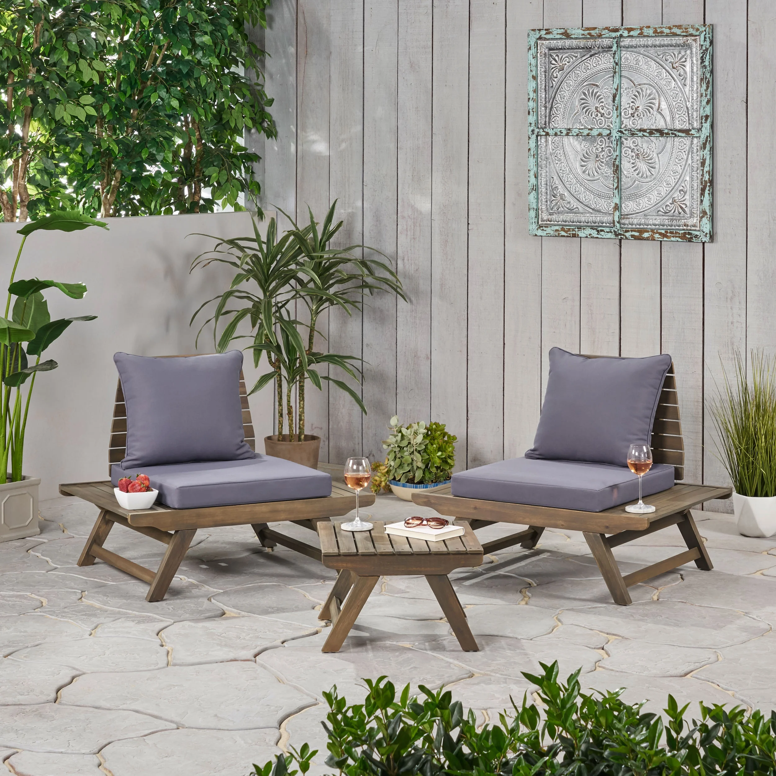 Ledger Outdoor 2 Seater Acacia Wood Club Chairs and Side Table Set, Gray, Dark Gray
