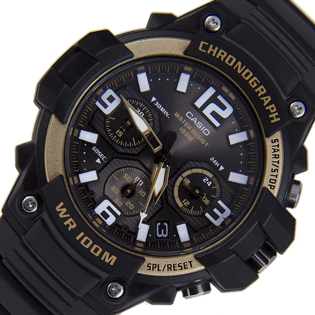 Men's Black/Gold Chronograph Watch, Resin Strap, MCW100H-9A2V