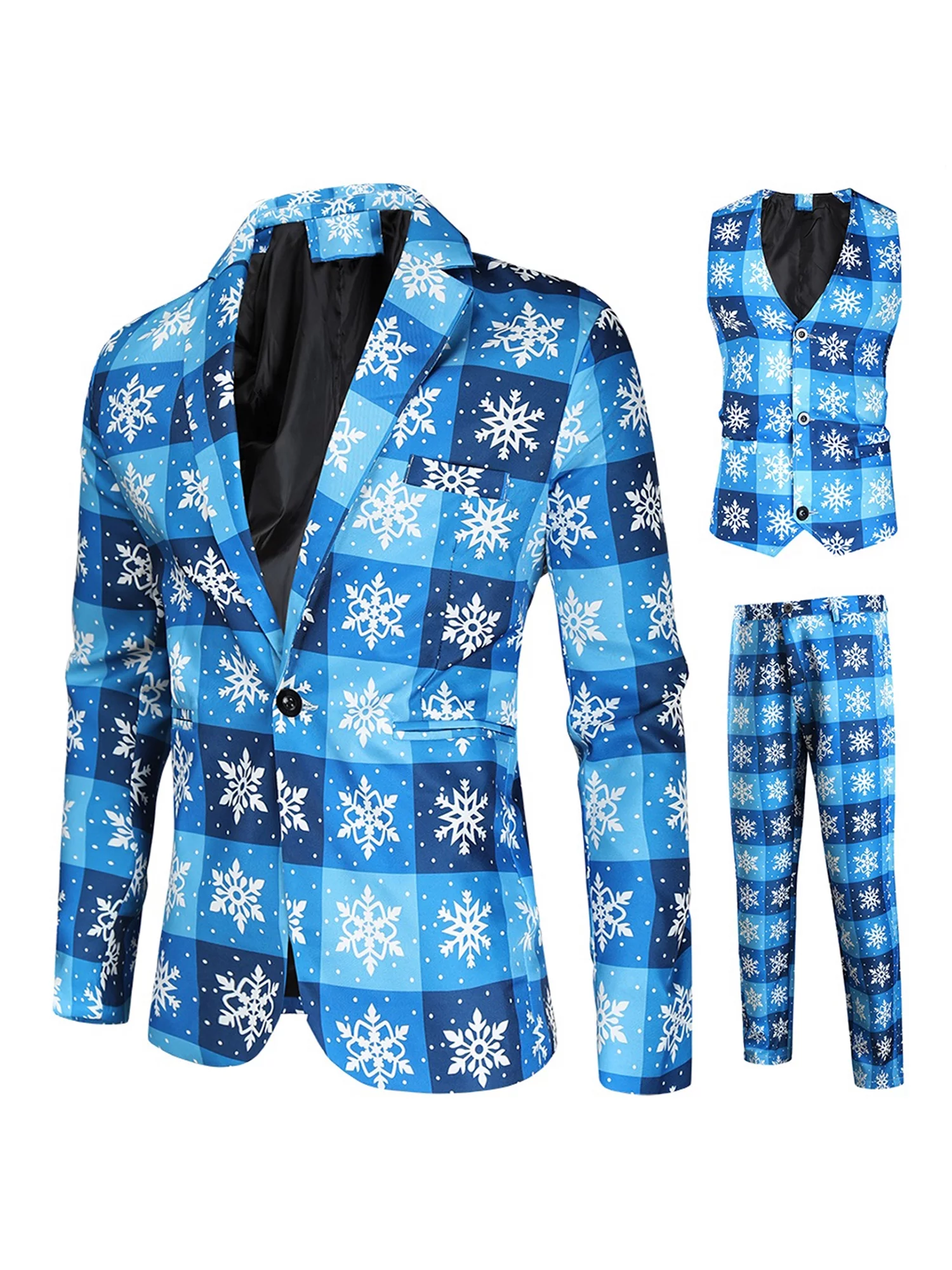 Eyicmarn Tuxedo Suits for Men 3 Piece Regular Fit Suit Snowflake Snowman Print Blazer Jacket Pants Vests Men Suit Set for Christm