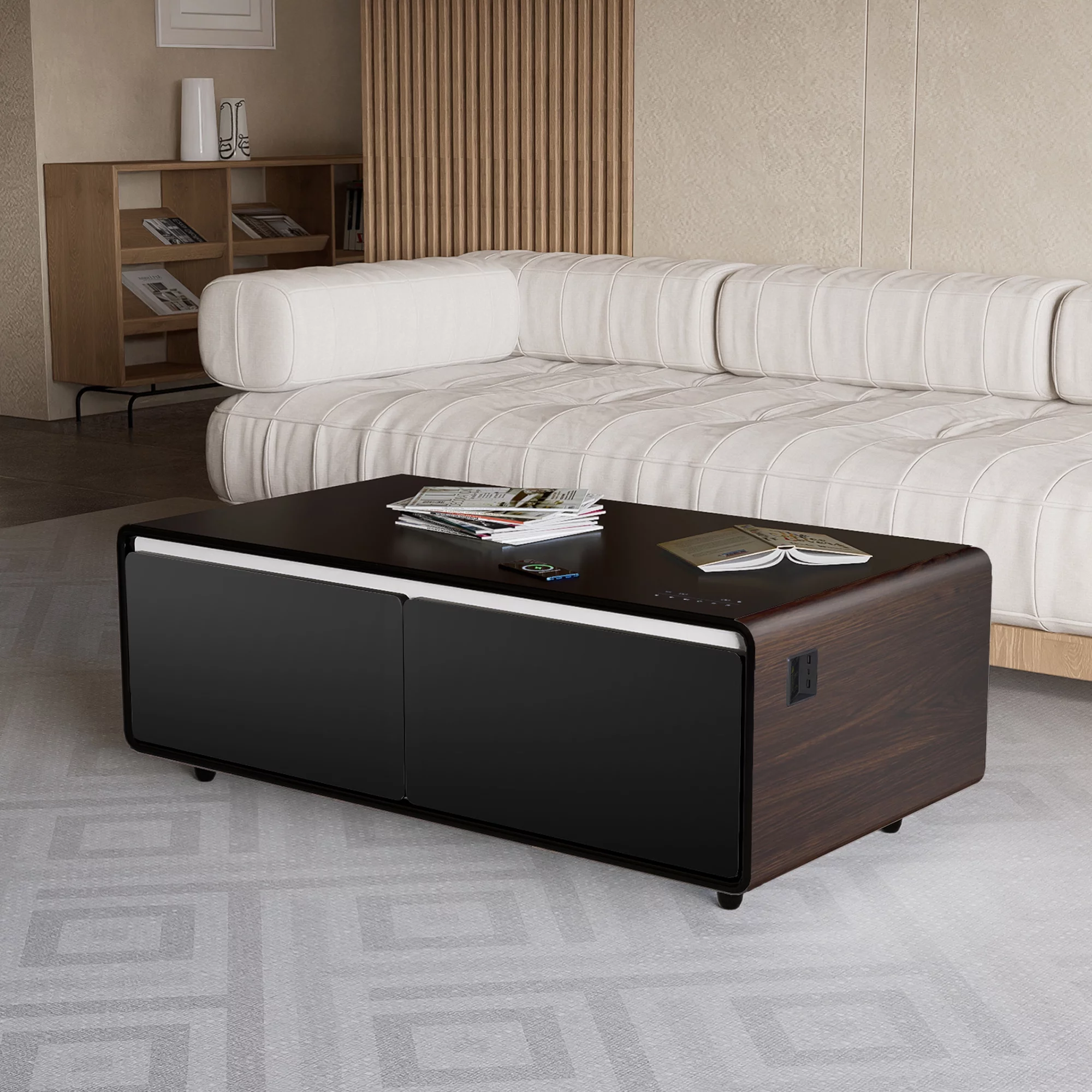 Modern Smart Coffee Table with Built-in Fridge, Bluetooth Speaker, Wireless Charging Module, Touch Control Panel, Power Socket, USB Interface, Outlet Protection, Atmosphere light, Brown