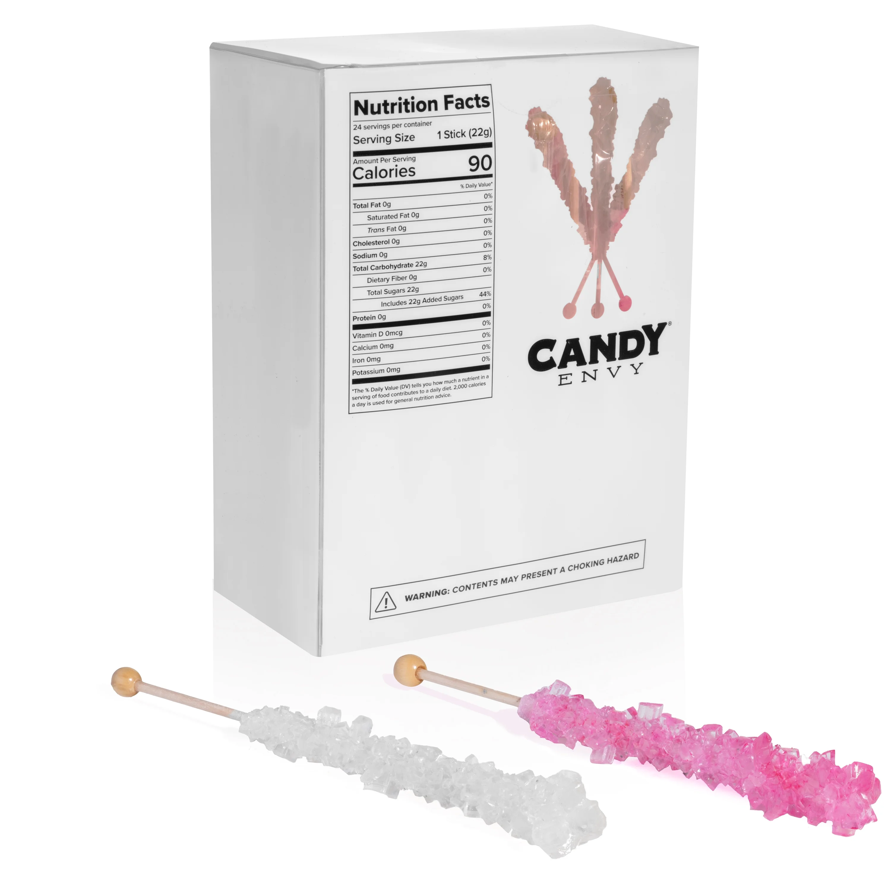 Candy Envy Light Pink & White Rock Candy Sugar Sticks, 24 Count, Indiv. Wrapped