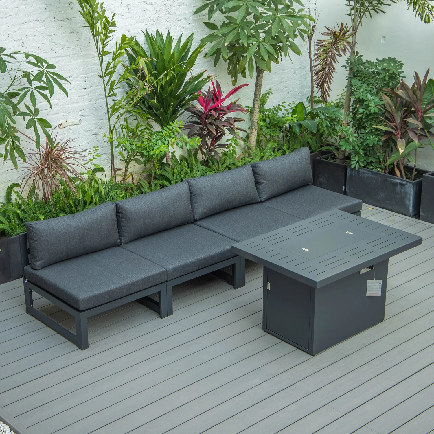 HomeStock Mountain Lodge 5-Piece Middle Patio Chairs and Fire Pit Table Set Black Aluminum With Cushions