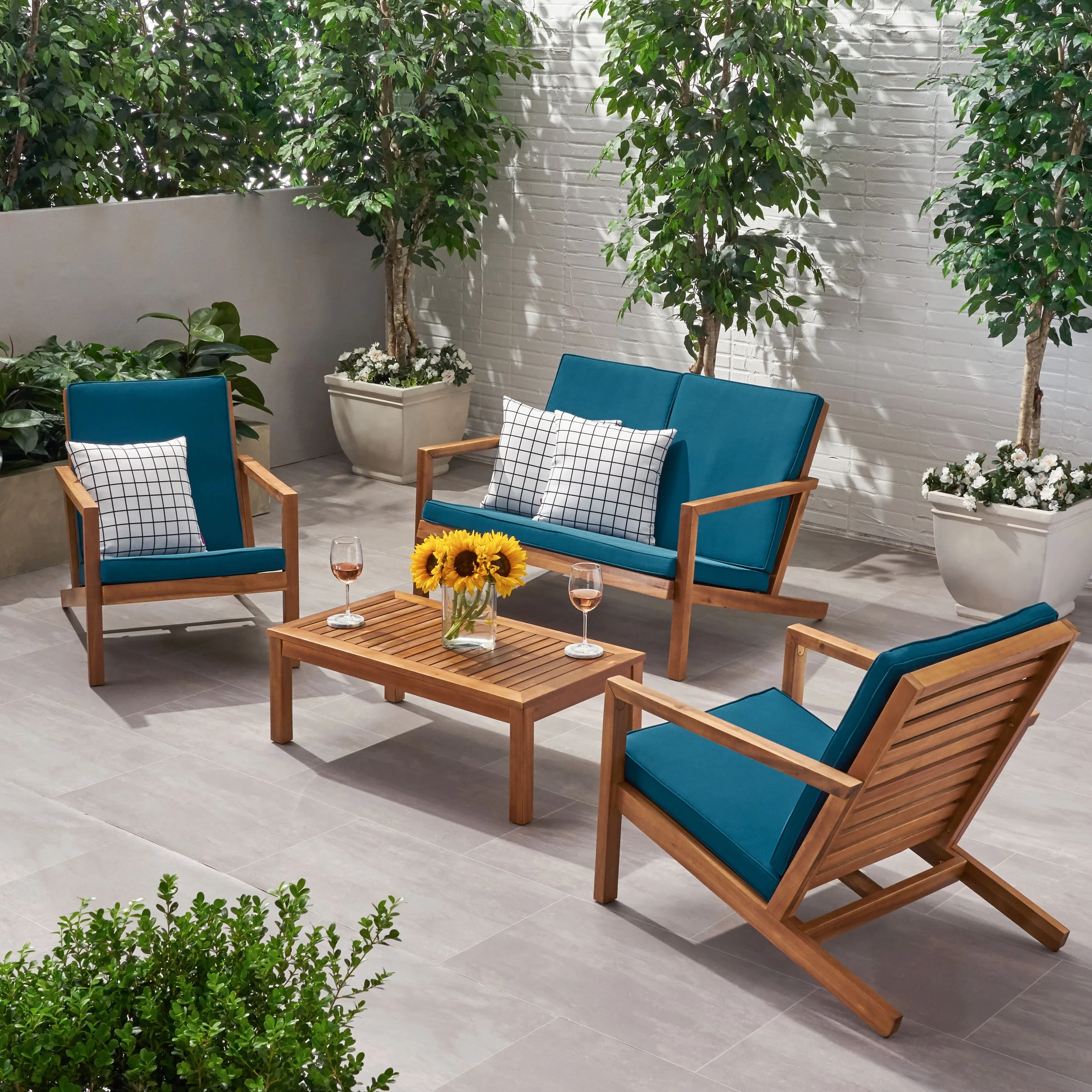 Remi Outdoor 4 Seater Chat Set with Cushions, Dark Teal and Brown Patina Finish