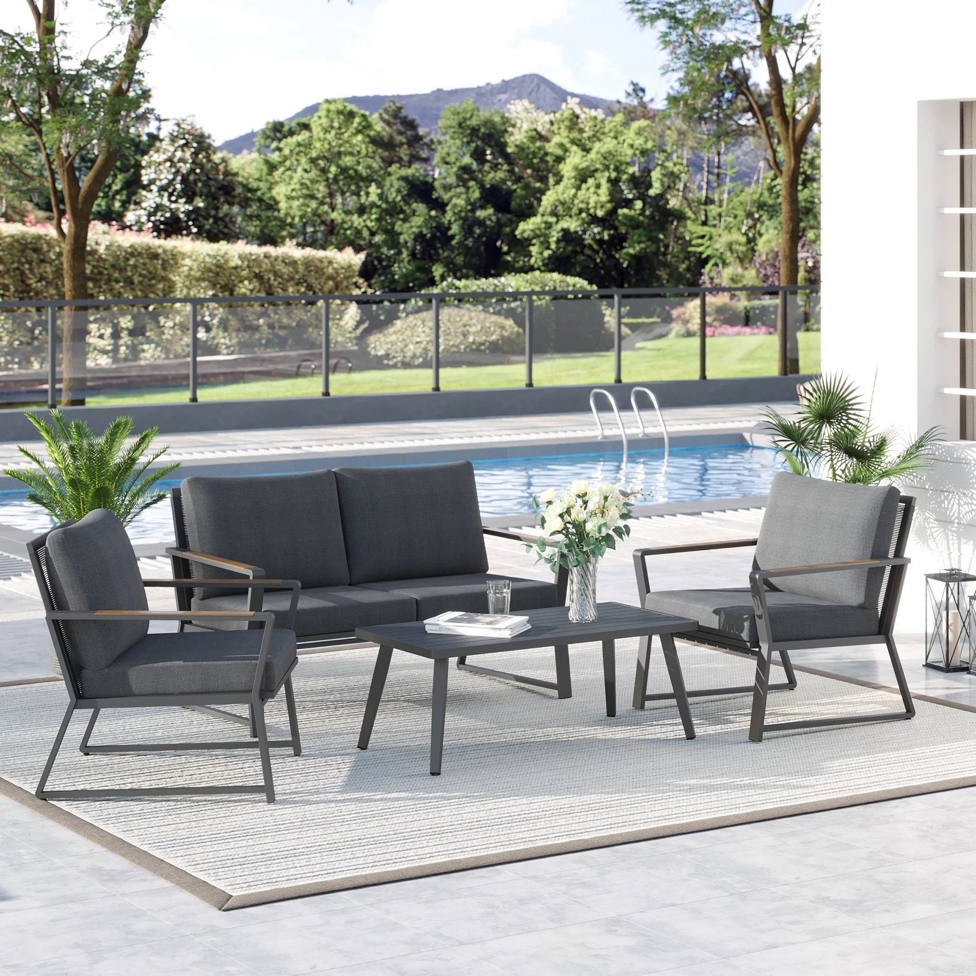 Outsunny 4 Piece Patio Furniture Set, Aluminum Conversation Set, Dark Grey