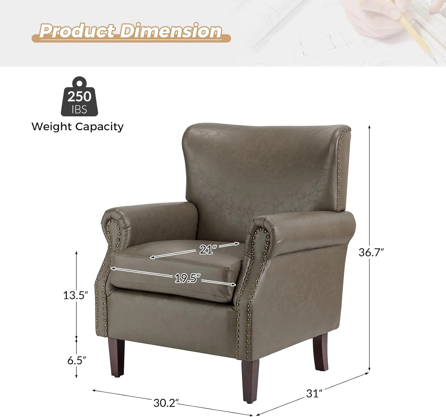 Faux Leather Accent Chair With Rolled Armrests & Nailhead Trim, Comfy Upholstered Living Room Armchair With Removable Cushion, Traditional Single Sofa Chair For Bedroom Office, Grey