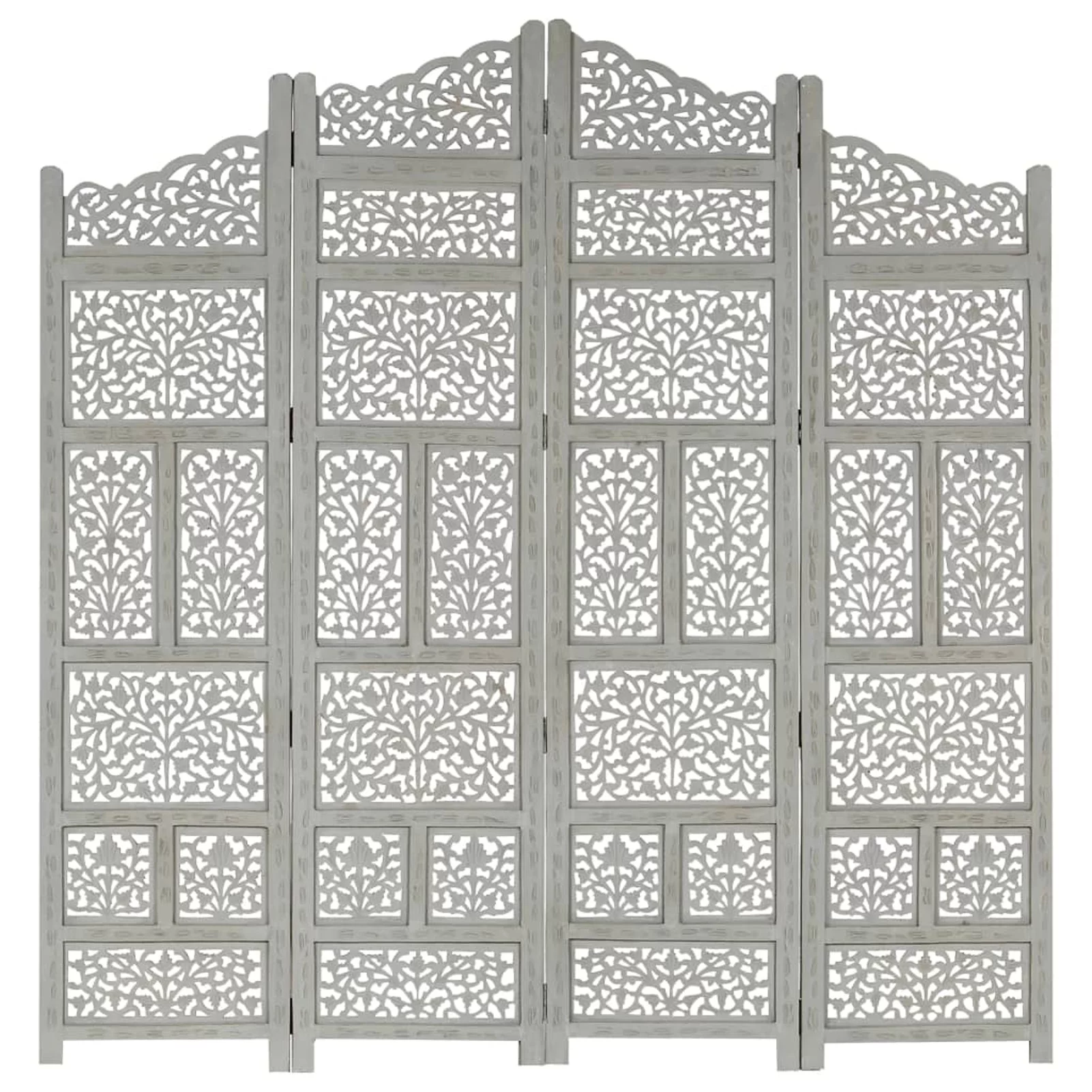 Dcenta Hand Carved 4-Panel Room Divider Wooden Room Partition Panel Mango Wood Foldable Screen Gray for Bedroom, Bathroom, Living Room, Kitchen, Home Furniture 63 x 65 Inches (W x H)