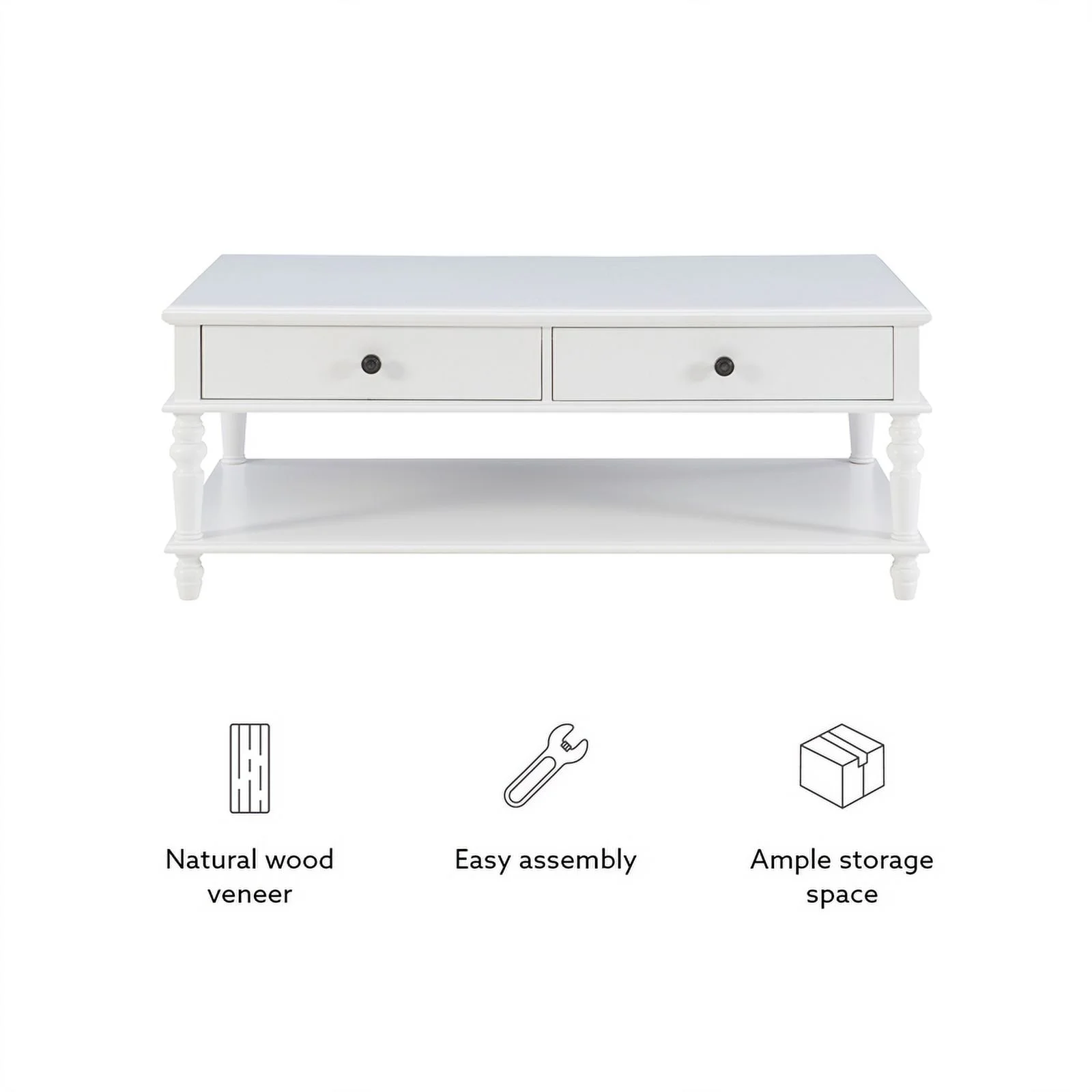 Linon Mavis Wood Coffee Table with 2 Drawers & Bottom Shelf in White