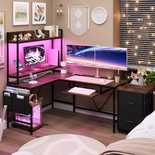 HBROLJF L Shaped Gaming Desk with Shelves  55in Reversible Home Office Desks with Power Outlet RGB Led Strip Movable File Cabinet Keyboard Tray 2 Drawers (Rustic Brown)