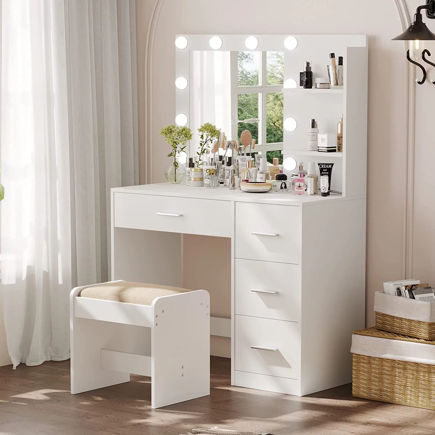JDZHAPPYLIFE Vanity Table Set with Lighted Mirror   Vanity with   and 4 Drawers  for Mother's Day  Bedroom Dressing Table  Cushioned Stool & 10 LED Lights  White RSZT104WD