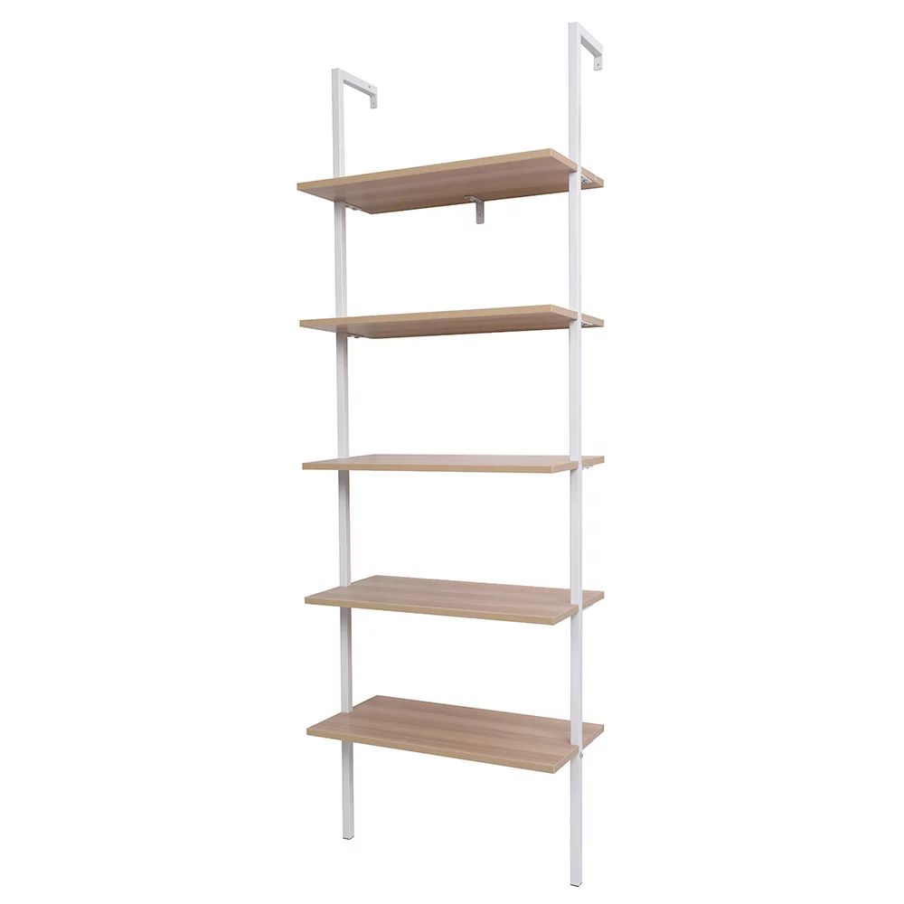 CAIHONG 5-Shelf Wood Modern Bookcase, Open Wall Mount Ladder Bookshelf with Industrial Metal Frame, (23.62 x 11.81 x 70.87)