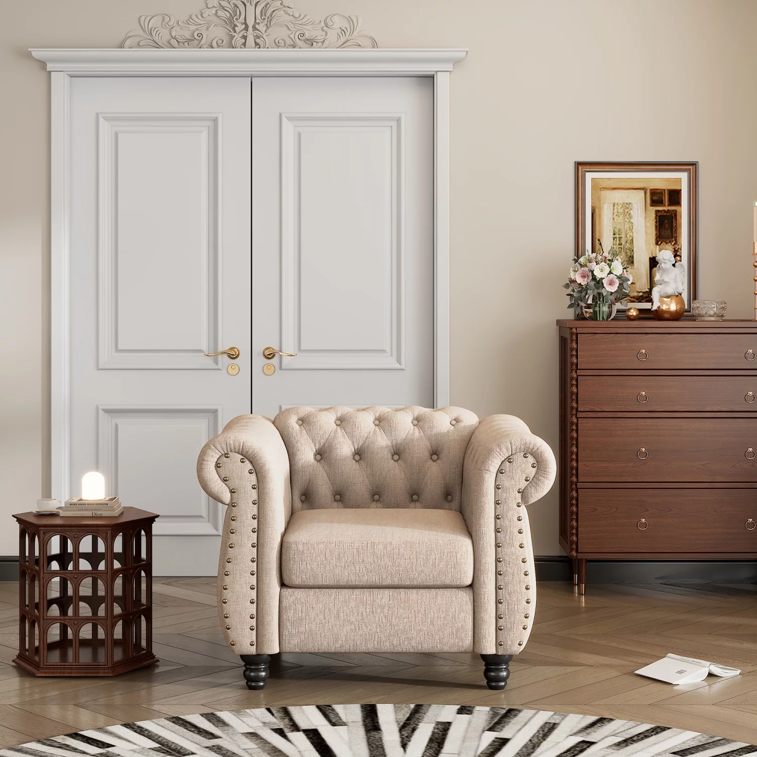 39” modern sofa Dutch plush upholstered sofa  solid wood legs  buttoned tufted backrest  beige