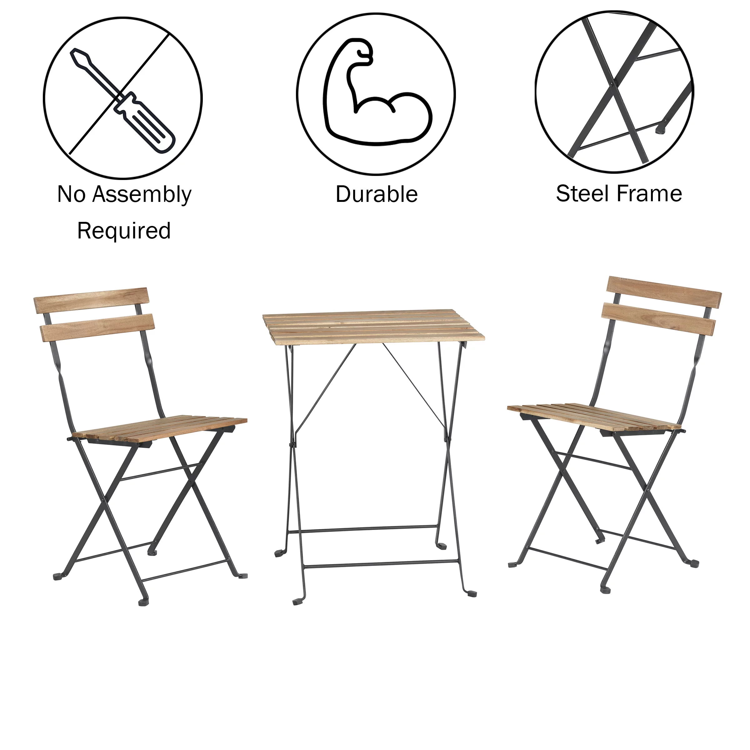 Lavish Home Folding Patio Bistro Set – 3-Piece Acacia Wood and Steel Café Table and Chairs, Brown