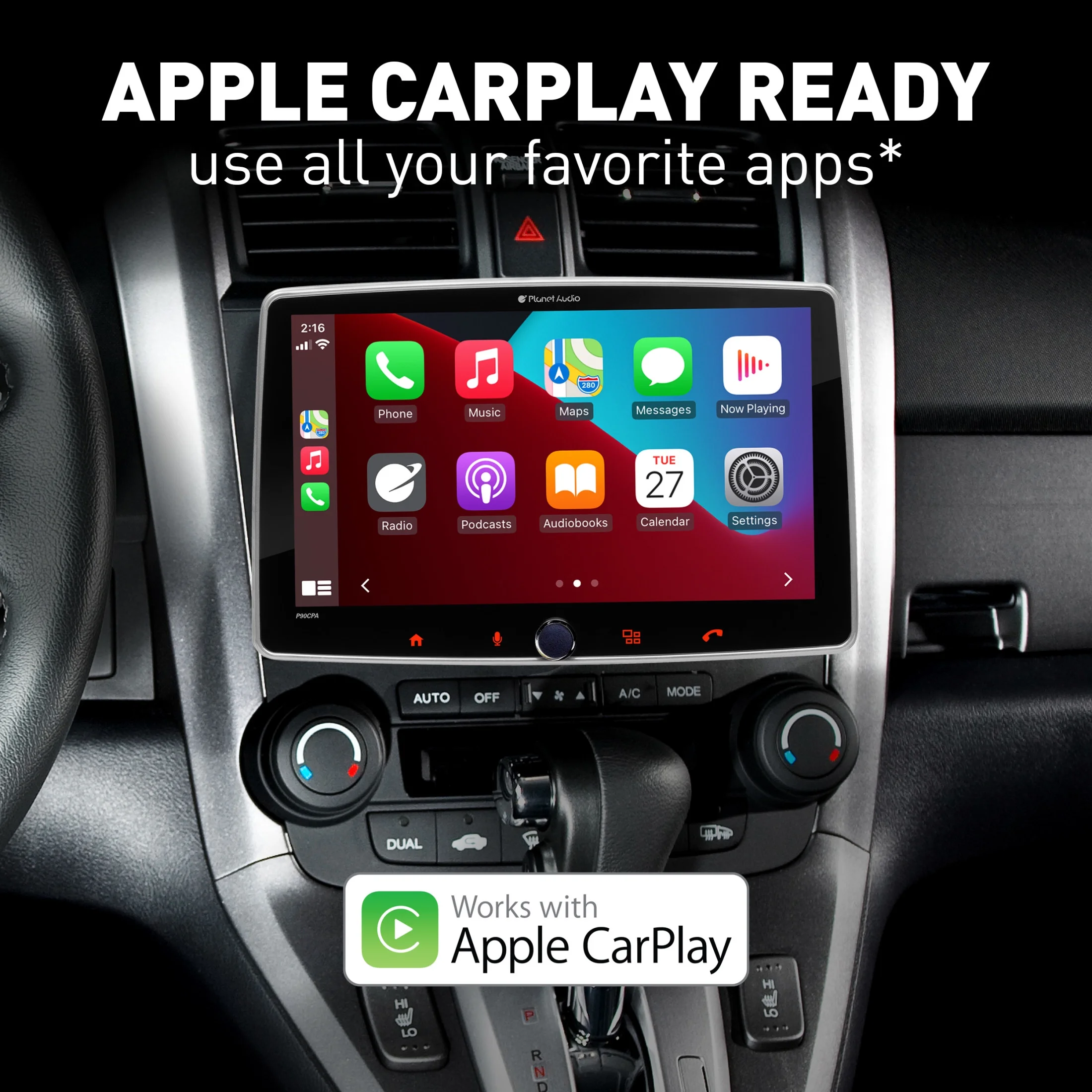 Planet Audio P90CPAC Car Stereo - Apple CarPlay, Android Auto, Single Din, 9 Inch Capacitive Touchscreen, Bluetooth, No CD DVD Player, AM/FM Radio Receiver, Backup Camera