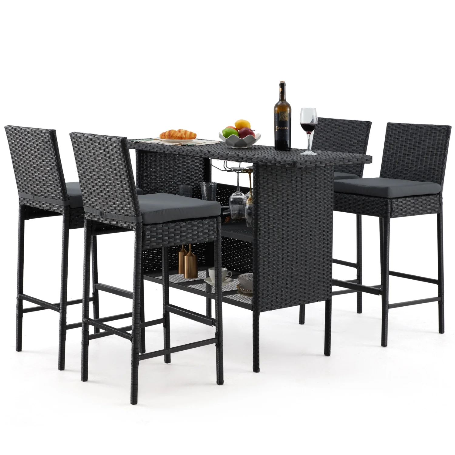 AVAWING 5PCS Outdoor Patio Rattan Bar Table and Chairs Set for 4 People w/ Removable Cushion, Black