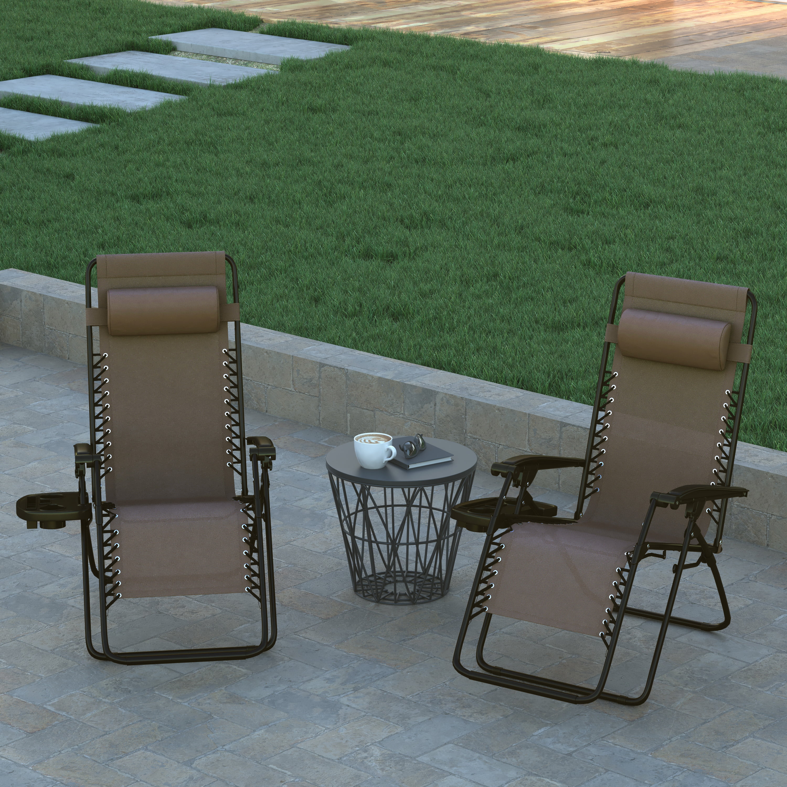 Emma + Oliver Adjustable Folding Mesh Zero Gravity Chair with Pillow and Cup Holder Tray in Brown
