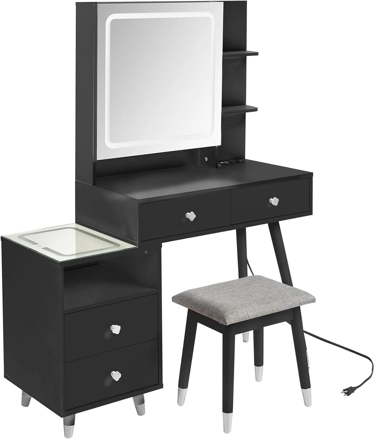 4 Drawers Vanity Set Makeup Dressing Table Set With Led Lights Mirror Nightstand