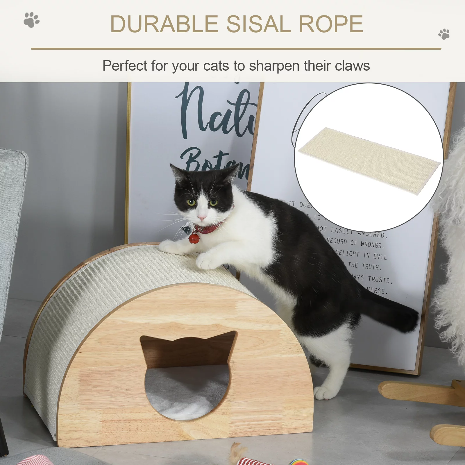 PawHut Wooden Cat House Shelter Bed w/ Sisal Carpet Soft Cushion Natural