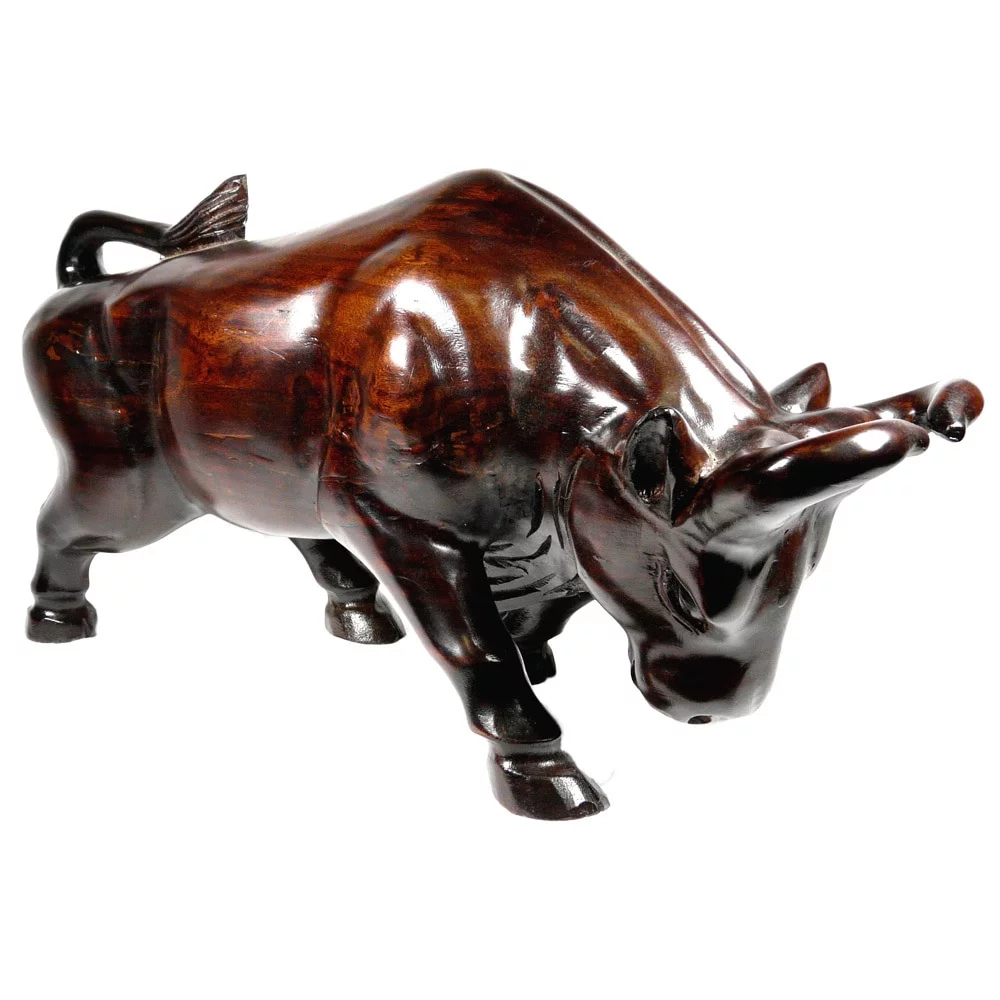 D-Art Collection Traditional Teak/Mahogany Solid Wood Bull Statue in Dark Brown