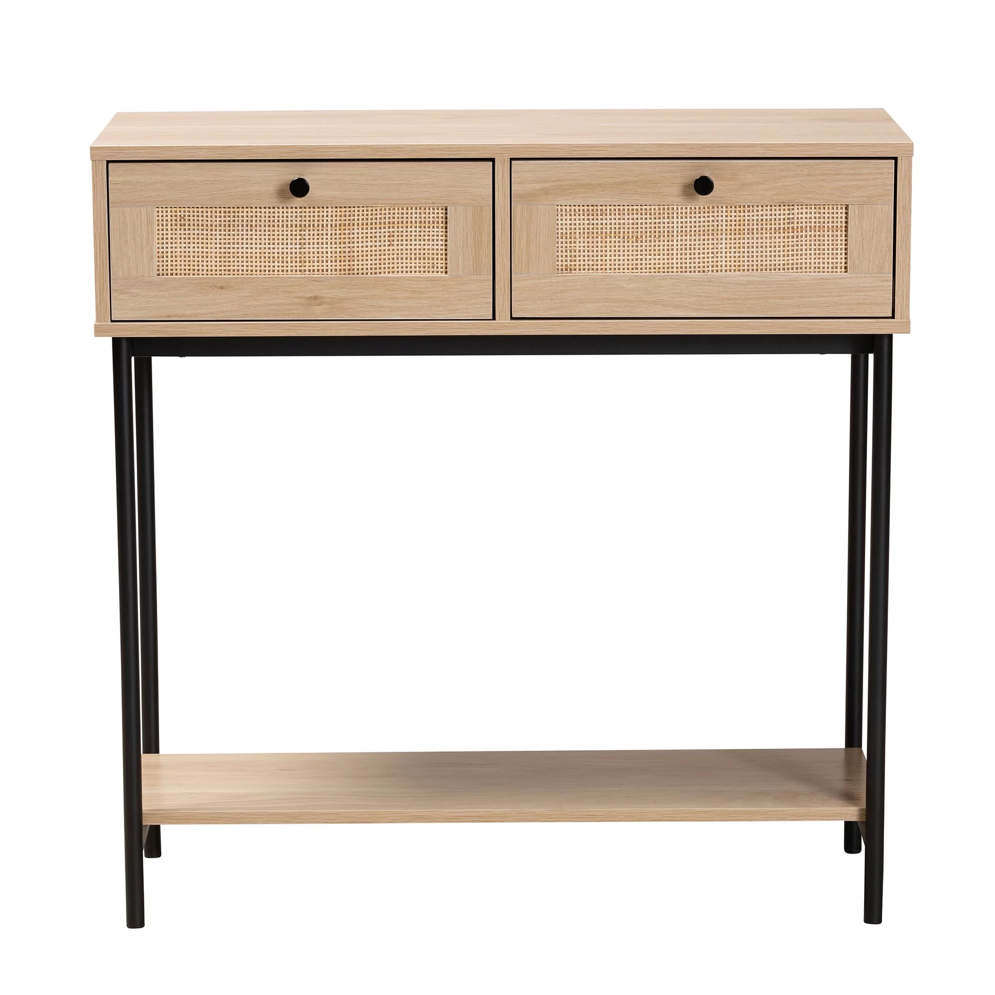 Baxton Studio Sherwin Mid-Century Modern Light Brown and Black 2-Drawer Console Table with Woven Rattan Accent