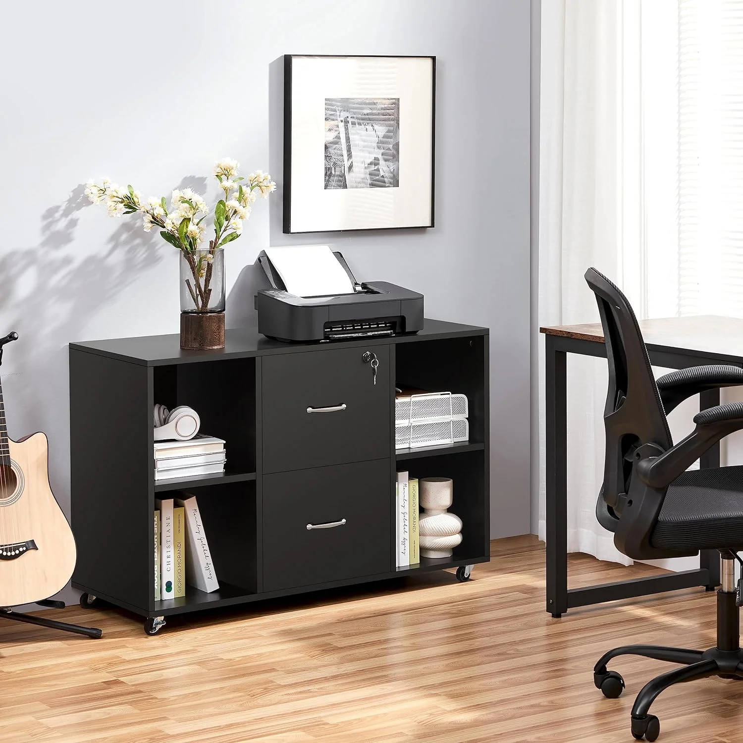 Black Filing Cabinet Large Mobile Storage Lateral Filing Cabinet with 2 Drawer and 4 Open Compartments,for Letter Size A4 Size, Printer Stand for Home Office, Black