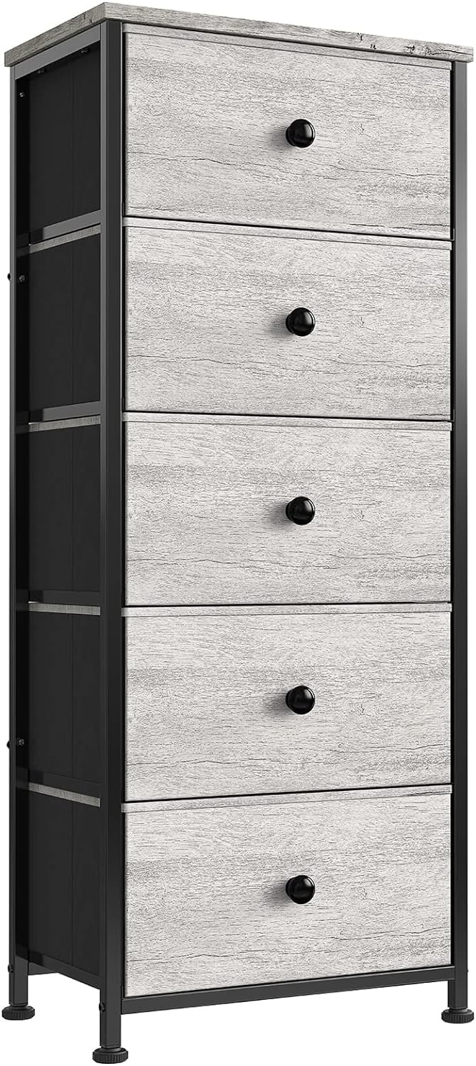 5 Drawer Vertical Steel Frame Storage Organizer Narrow Tower Dresser With MDF Top, Adjustable Feet, And Wall Safety Attachment, Dark Taupe