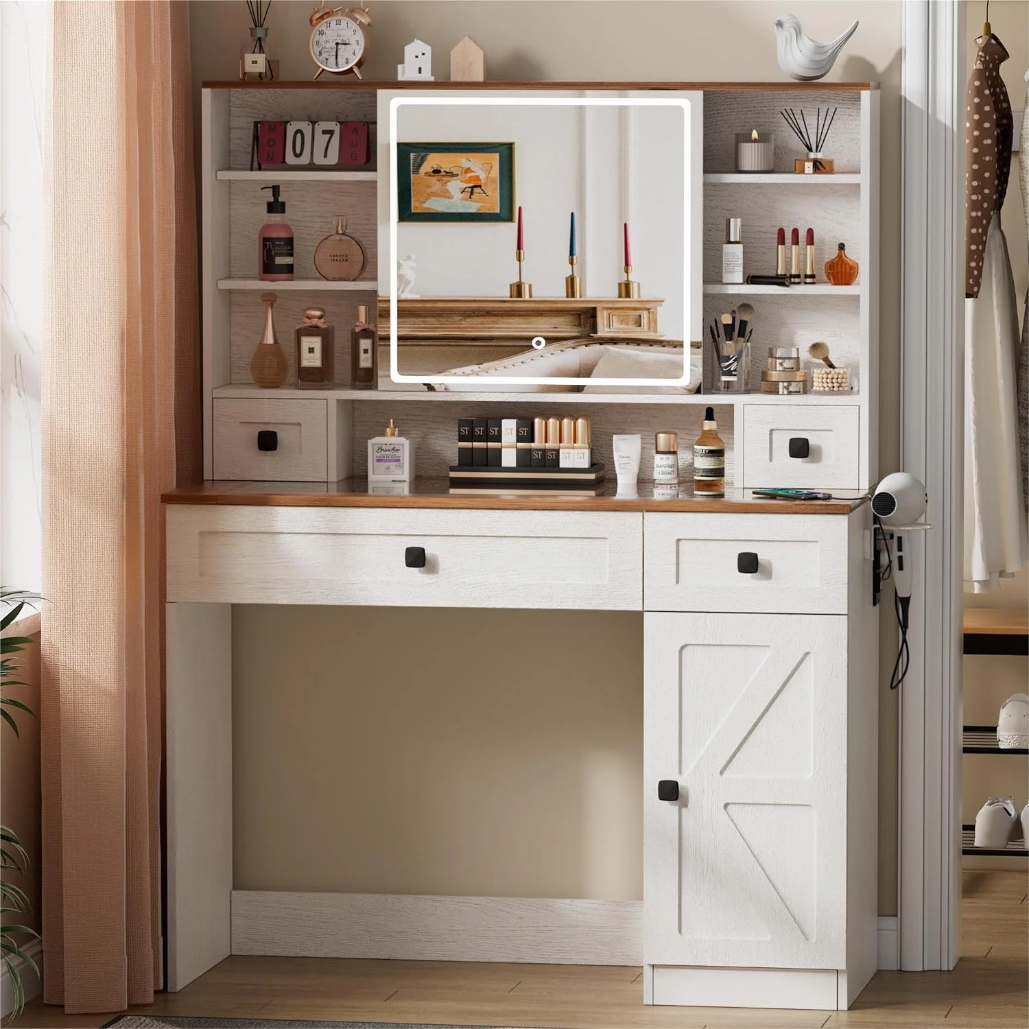 xrboomlife Vanity Desk with Sliding Mirror and Lights  Glass Tabletop White Vanity Table with Charging Station  Bedroom Dressing Table with 2 Drawers & 1 Cabinet  3 Color Lighting Mod