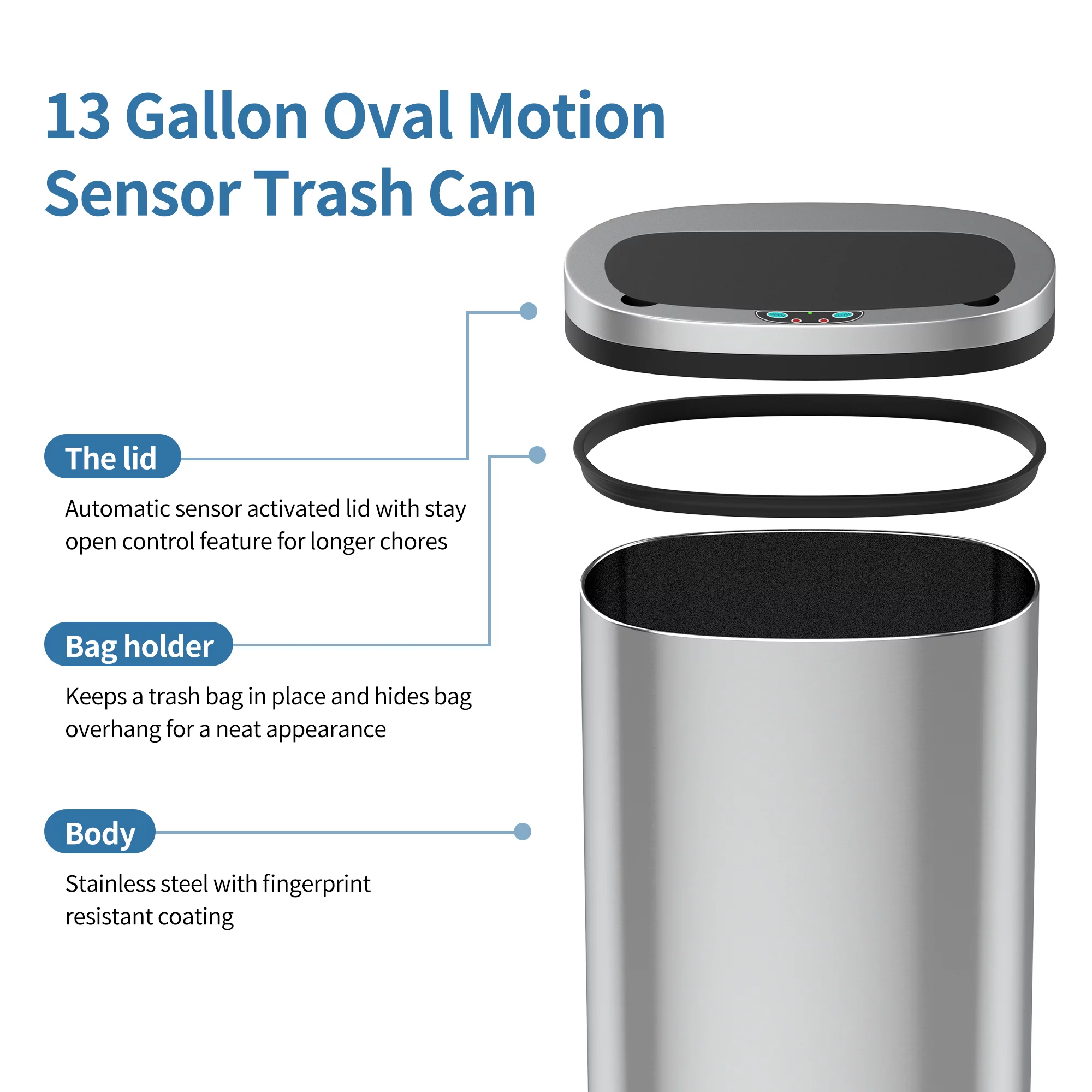 Innovaze 13.2 Gallon Motion Sensor Trash Can, Stainless Steel Oval Kitchen Garbage Can with Black Lid