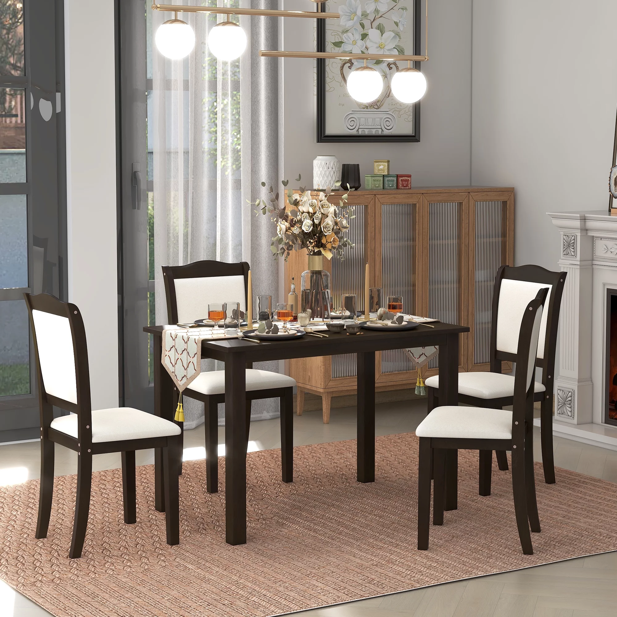 WEPSEN 5 Piece Dining Table Set, Modern Simple Wooden Dining Set with Rectangle Table and Cushioned Chairs for 4, Farmhouse Dining Room Set for Home Kitchen Dining Room Apartment, Espresso