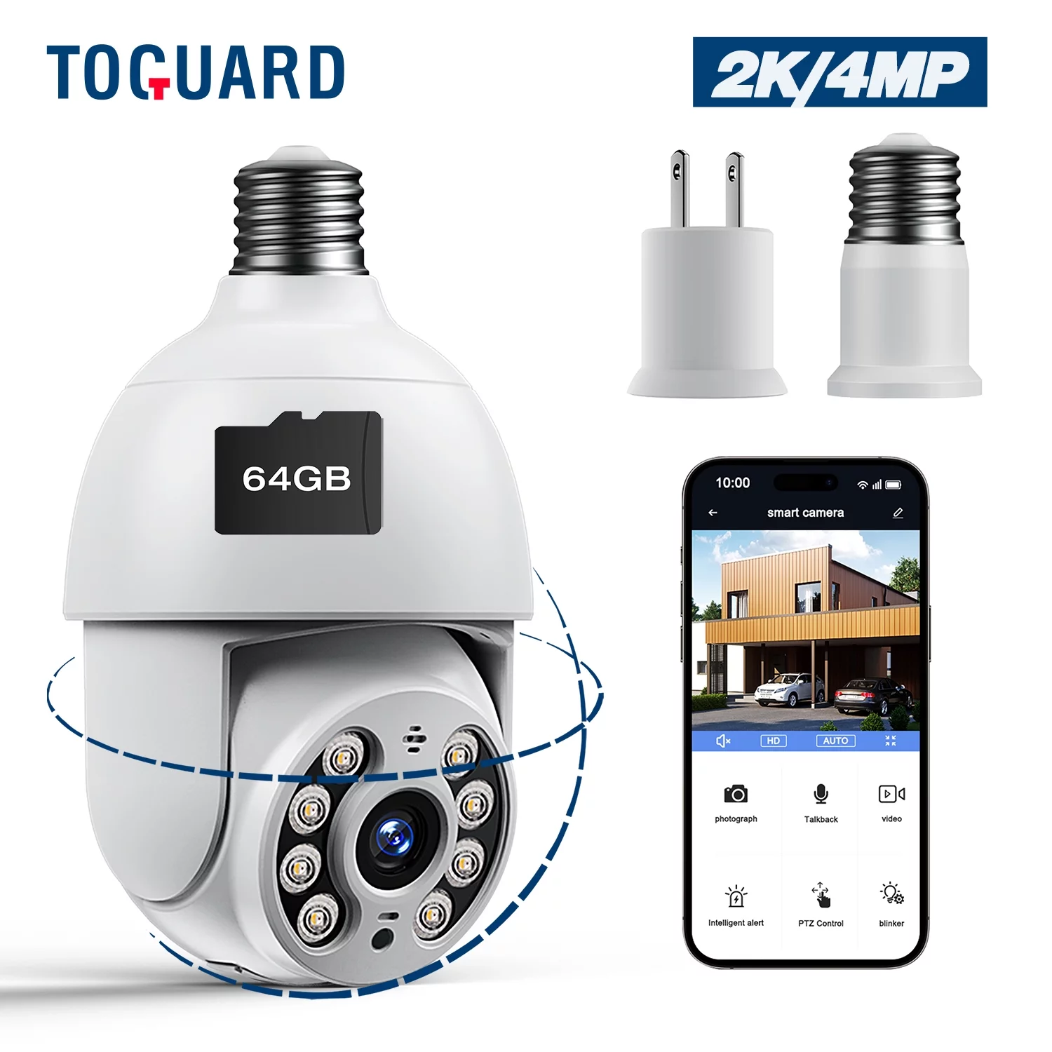 Toguard SC30 2K/4MP WiFi Light Bulb Security Camera Outdoor Indoor PTZ Wireless Dome Surveillance Camera