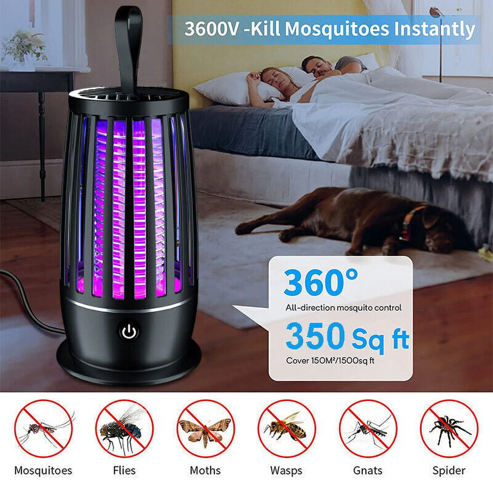 TASHHAR Bug Zapper 3600V Electric Mosquito Insect Killer LED Light Fly Trap Pest Control Lamp for Outdoor Indoor Black