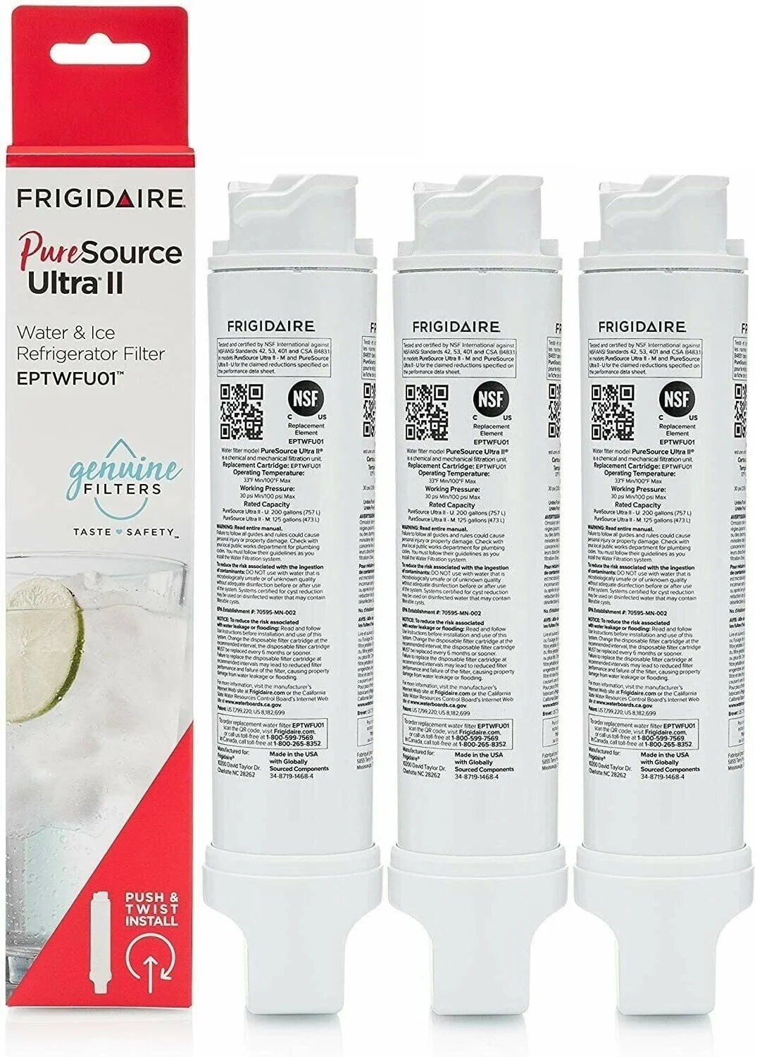 3Pack EPTWFU01 Frigidaire® Water Filter Replacement,TH01 Refrigerator Water Filter Compatible with Frigidaire® EPTWFU01, EWF02, Pure Source Ultra II
