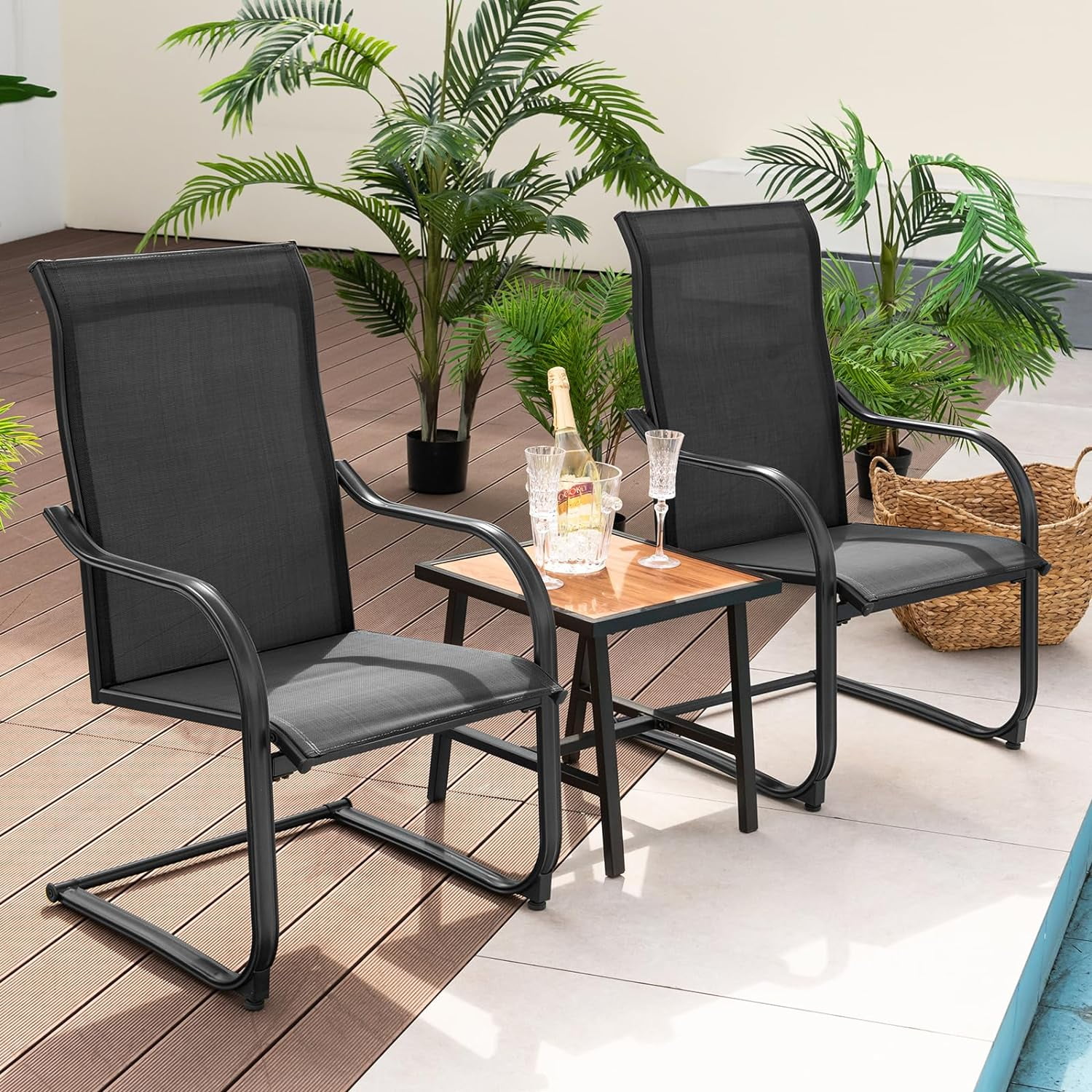 Tankula 2 Pieces Outdoor Dining Chairs, Patio C-Spring Motion with Cozy & Breathable Seat Fabric, Heavy-Duty Metal Frame, Outside High Back Chairs for Backyard, Porch, Poolside
