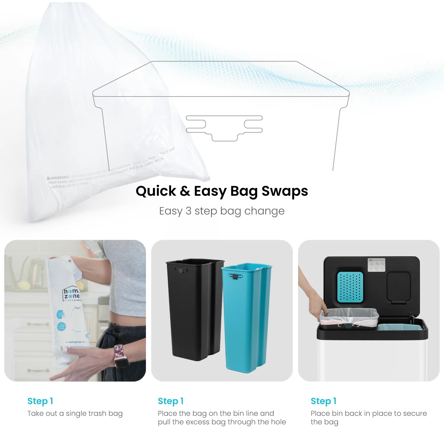 Home Zone Living 18.5 gal Kitchen Garbage Can with Cleanaura Pack, White