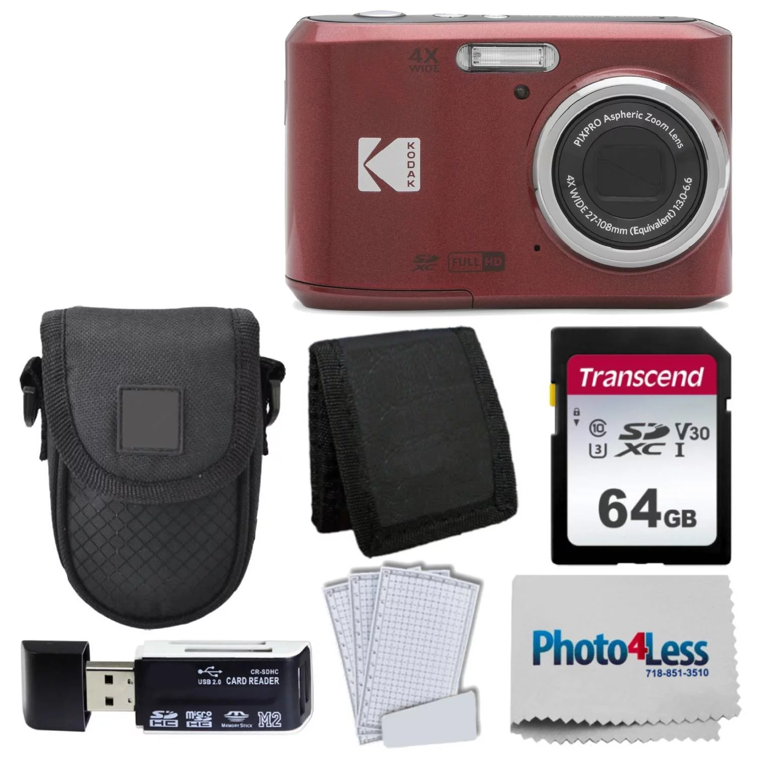 Kodak PIXPRO FZ45 Digital Camera (Red) + Black Point & Shoot Camera Case + Transcend 64GB SD Memory Card + Tri-fold Memory Card Wallet + Hi-Speed SD USB Card Reader + More!