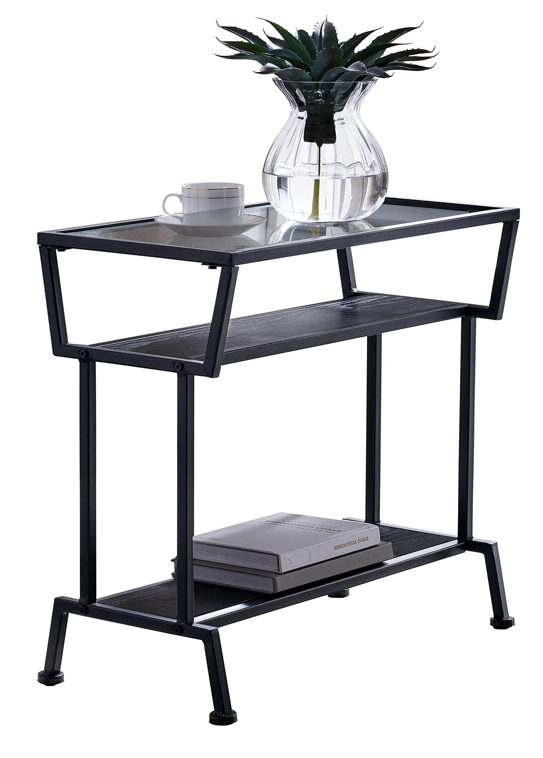 Kings Brand Furniture Side End Table with Glass Tabletop & 2 Lower Wood Shelves, Black