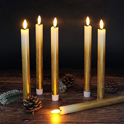 Wondise Remote Flameless Taper Candles Flickering with Timer, 6 Pack Gold LED Taper Window Candles Battery Operated Dinning Wedding Christmas Taper Candles(0.78 x 9.64 Inches)