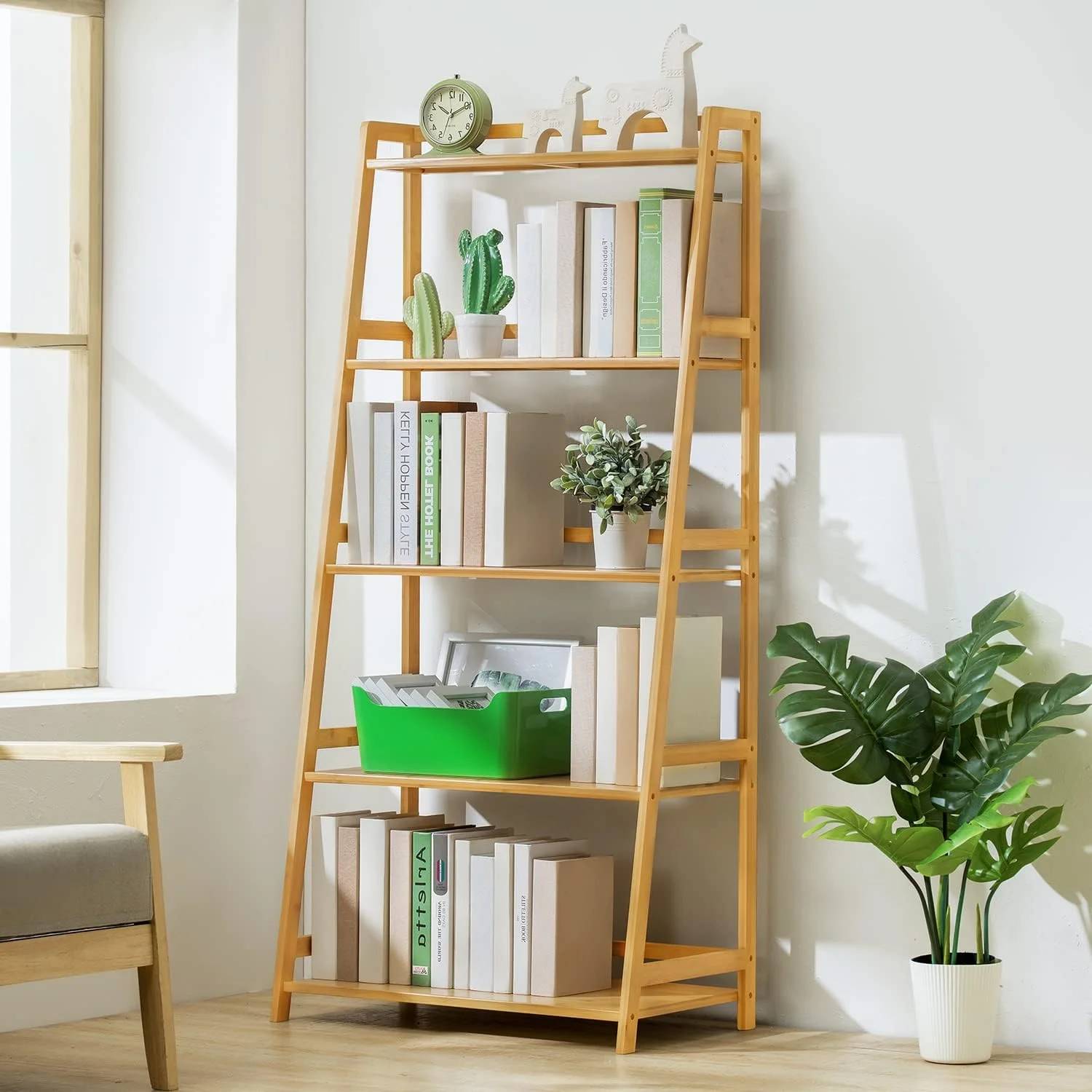 Bamboo Ladder Bookshelf 5-Tier Ladder Shelf Floor standing Display Shelving Units Storage Rack Plant Stand For Home Office Library (Natural, 27