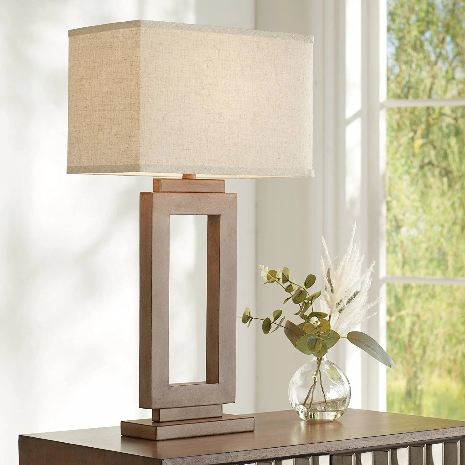 HBBOOMLIFE Lighting Nigel Rustic Farmhouse Table Lamp 30" Tall Sand Metal Open Window Oatmeal Fabric Rectangular Shade for Bedroom Living Room House Home Bedside Nightstand Office Fam