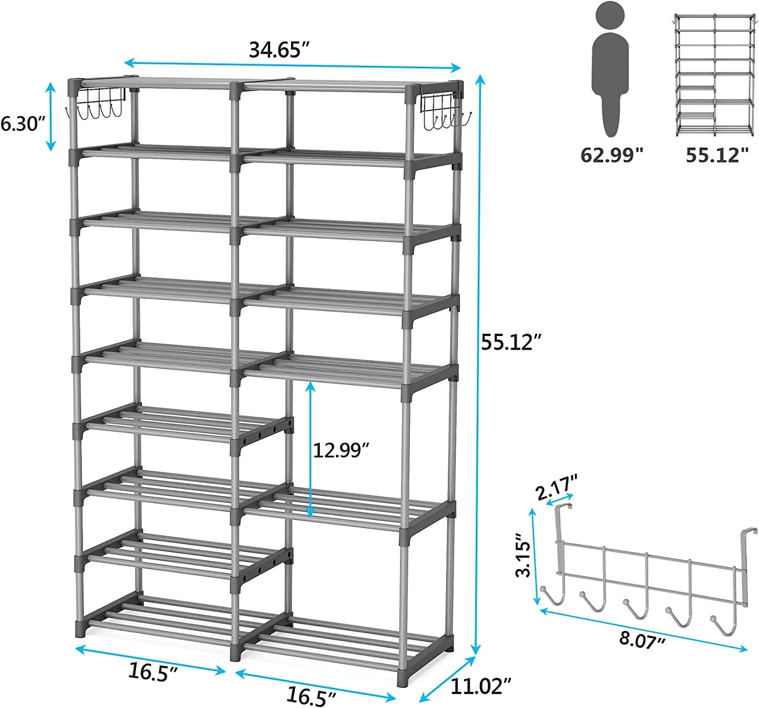 Shoe Rack Organizer, 32-40 Pairs Stackable Storage Shelf, 9 Tiers Stand, for Closet,Gray